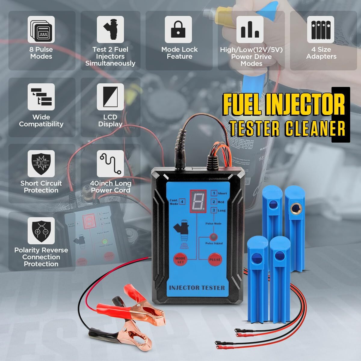 Fuel Injector Tester Cleaner Tool Kit 8 Pulse Modes Injector Tester 2 Fuel Injector Test Simultaneously Diy Cleaning Tools With 40In Power Cord 4 Injector Cleaner Adapters Short Circuit Protection 12V