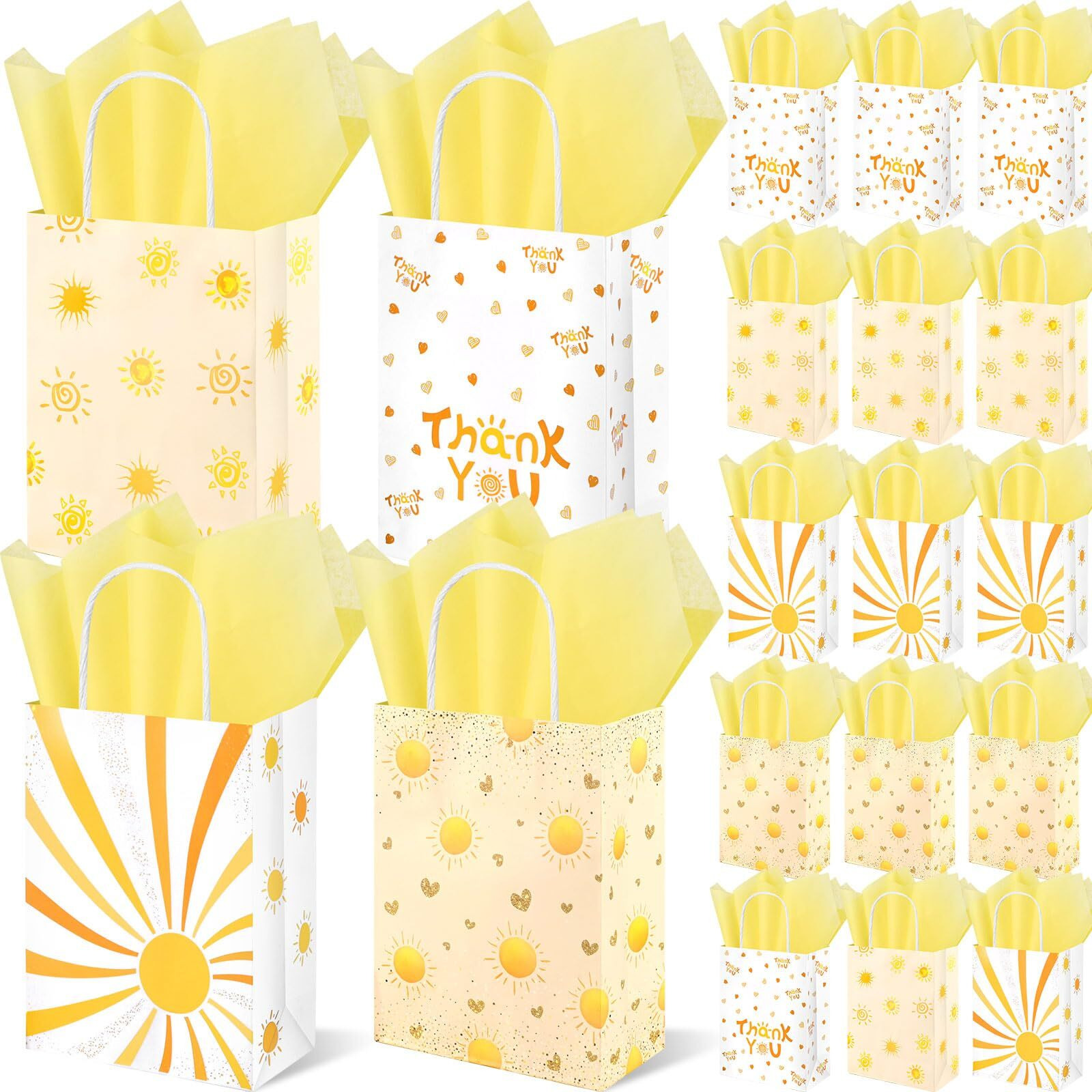 16Pack Boho Sun Party Favor Bags With Yellow Tissue Paper Yellow Sun Goodie Bags First Trip Around The Sun Paper Gift Bags With Handles For Baby Shower Birthday Party Supplies