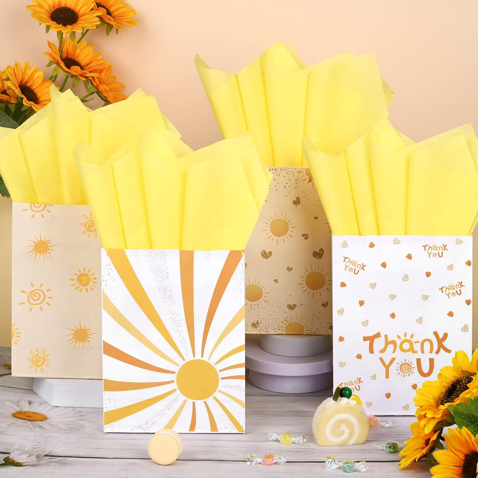 16Pack Boho Sun Party Favor Bags With Yellow Tissue Paper Yellow Sun Goodie Bags First Trip Around The Sun Paper Gift Bags With Handles For Baby Shower Birthday Party Supplies