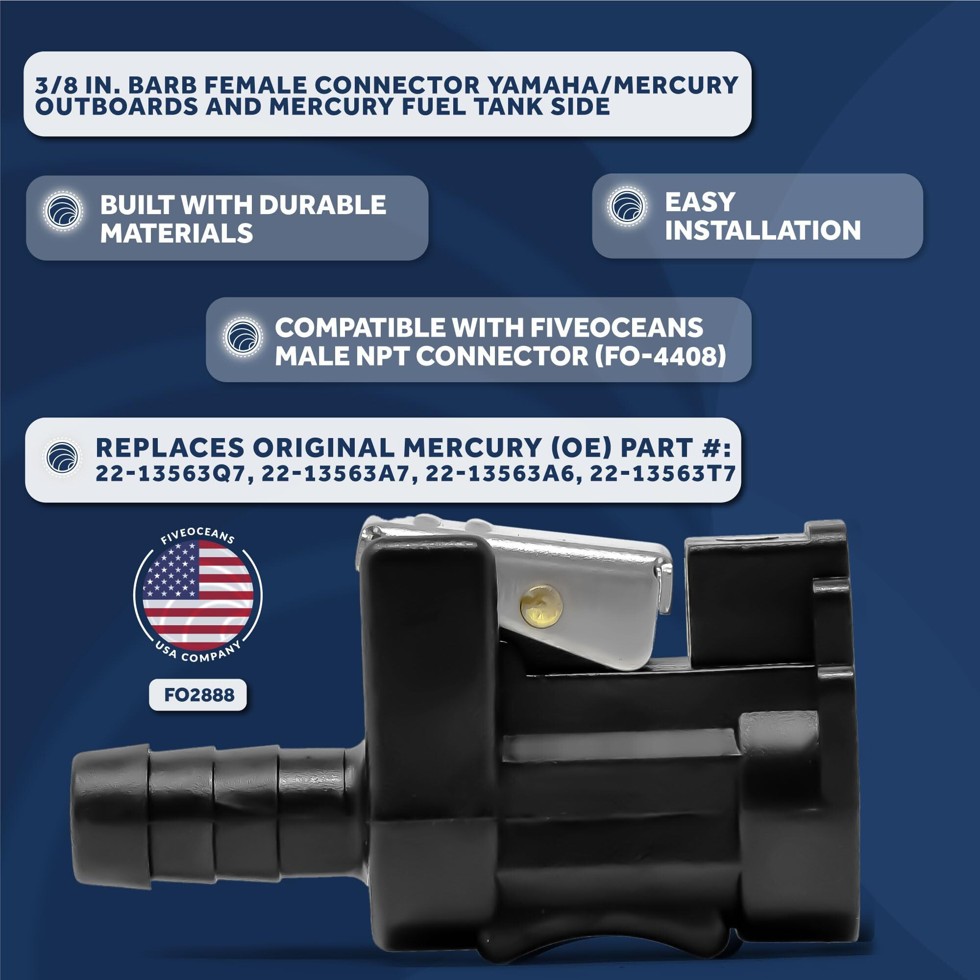 Five Oceans 3/8-Inch Barb Female Fuel Line Quick Connector For Yamaha/Mercury Outboard Connections And Mercury Fuel Tank Side  Replaces Part 22-13563Q7  22-13563A7  22-13563A6  22-13563T7 - Fo2888