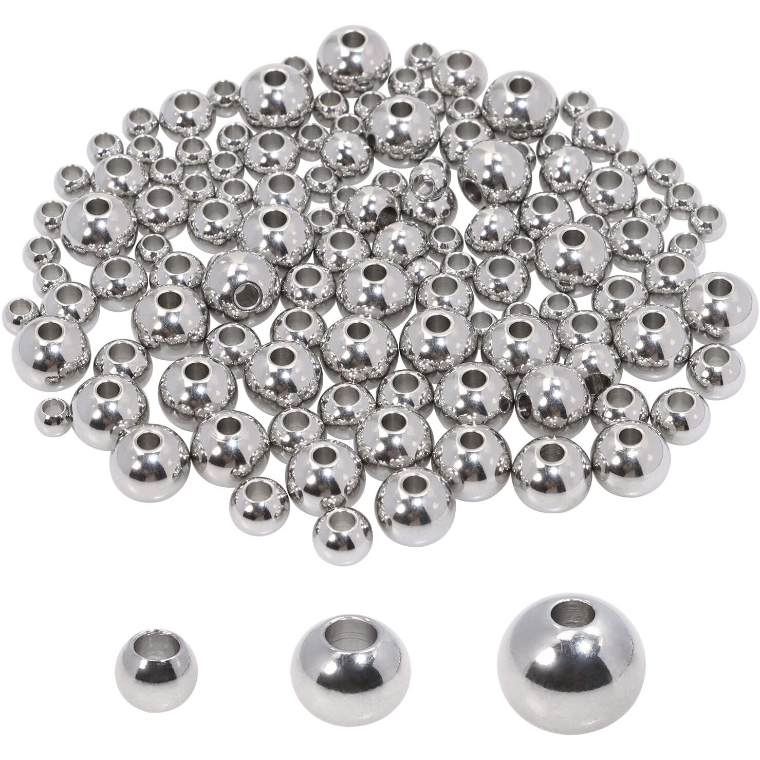 Shapenty 4Mm 6Mm 8Mm Round Stainless Steel Spacer Beads Seamless Smooth Loose Connector Beads Ball For Diy Bracelet Necklace Earring Pendant Jewelry Making Christmas Ornaments Craft Project  120Pcs