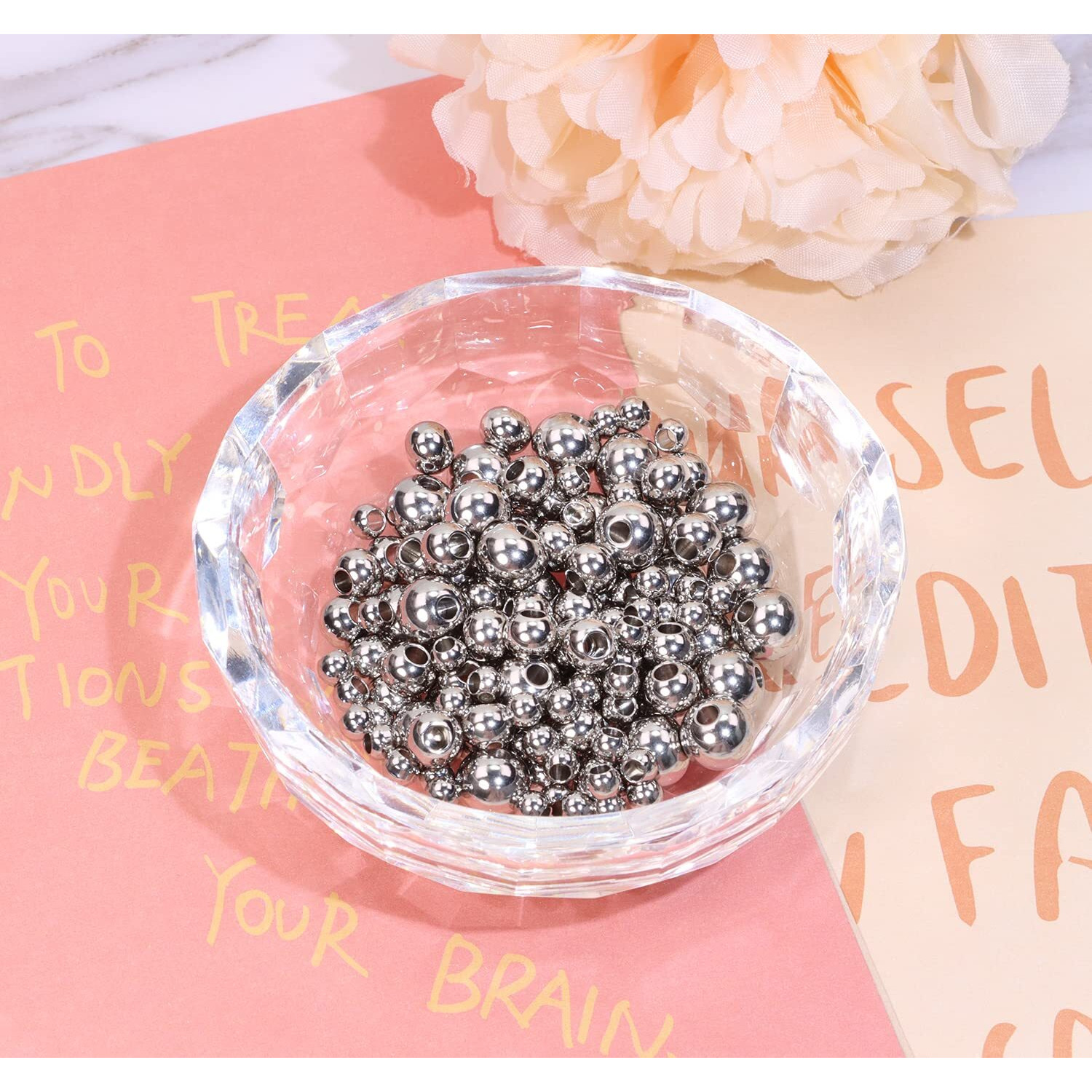 Shapenty 4Mm 6Mm 8Mm Round Stainless Steel Spacer Beads Seamless Smooth Loose Connector Beads Ball For Diy Bracelet Necklace Earring Pendant Jewelry Making Christmas Ornaments Craft Project  120Pcs
