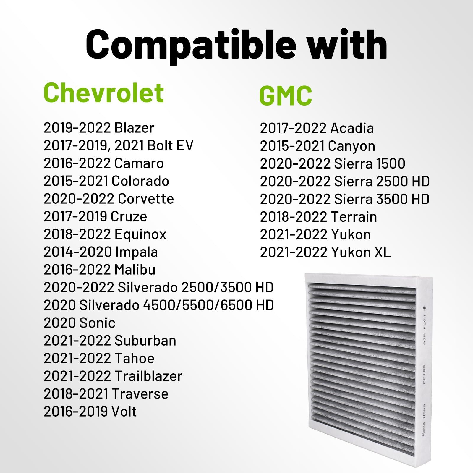 Nexanova Cf185 Cabin Air Filter Fits 2014-2022 Chevy/Gmc/Cadillac/Buick Silverado Camaro Colorado Cruze Sonic Equinox Impala Malibu Silverado Sierra Canyon Yukon Escalade Ats Ct4 Ct5 Enclave