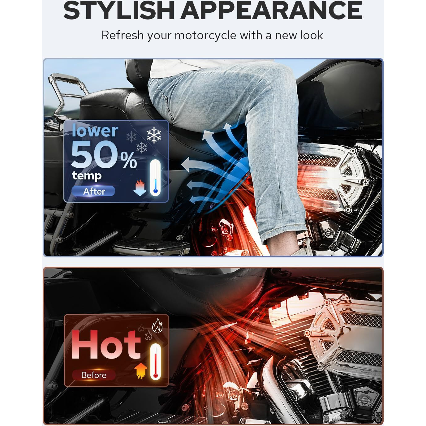 Benlari Gloss Black Mid Frame Air Deflectors Heat Shields Deflector 2009-2024 Compatible For Harley Davidson Touring Street Glide Road Glide Electra Glide Road King Ultra Limited Tri Glide Cvo