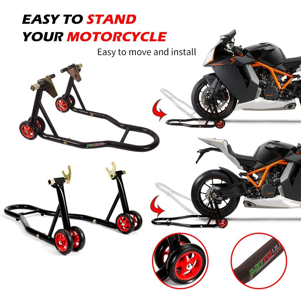 Moto4U Motorcycle Front & Rear Stand  Front Rear Combo Stand Universal Wheel Lift Stand Swingarm Spool Lift Stand Paddock Stand (Big Wheel)
