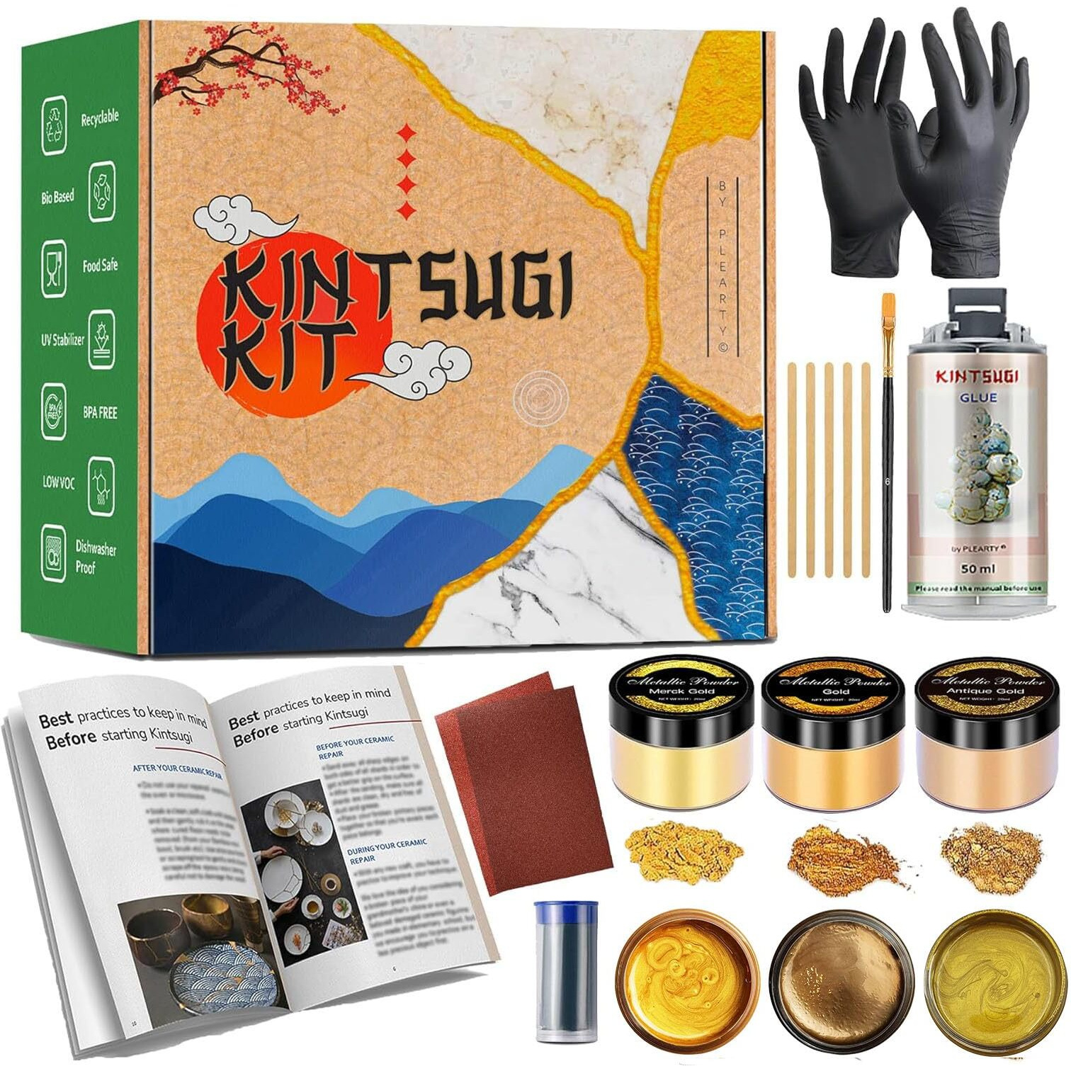 Plearty Kintsugi Repair Kit Gold Food Safe 50Ml Epoxy Resin 60G Metallic Gold Mica Powder 15 Pages Booklet For Japanese Gold Repair Kit Diy Craft Kits For Adults Pottery Repair Kit