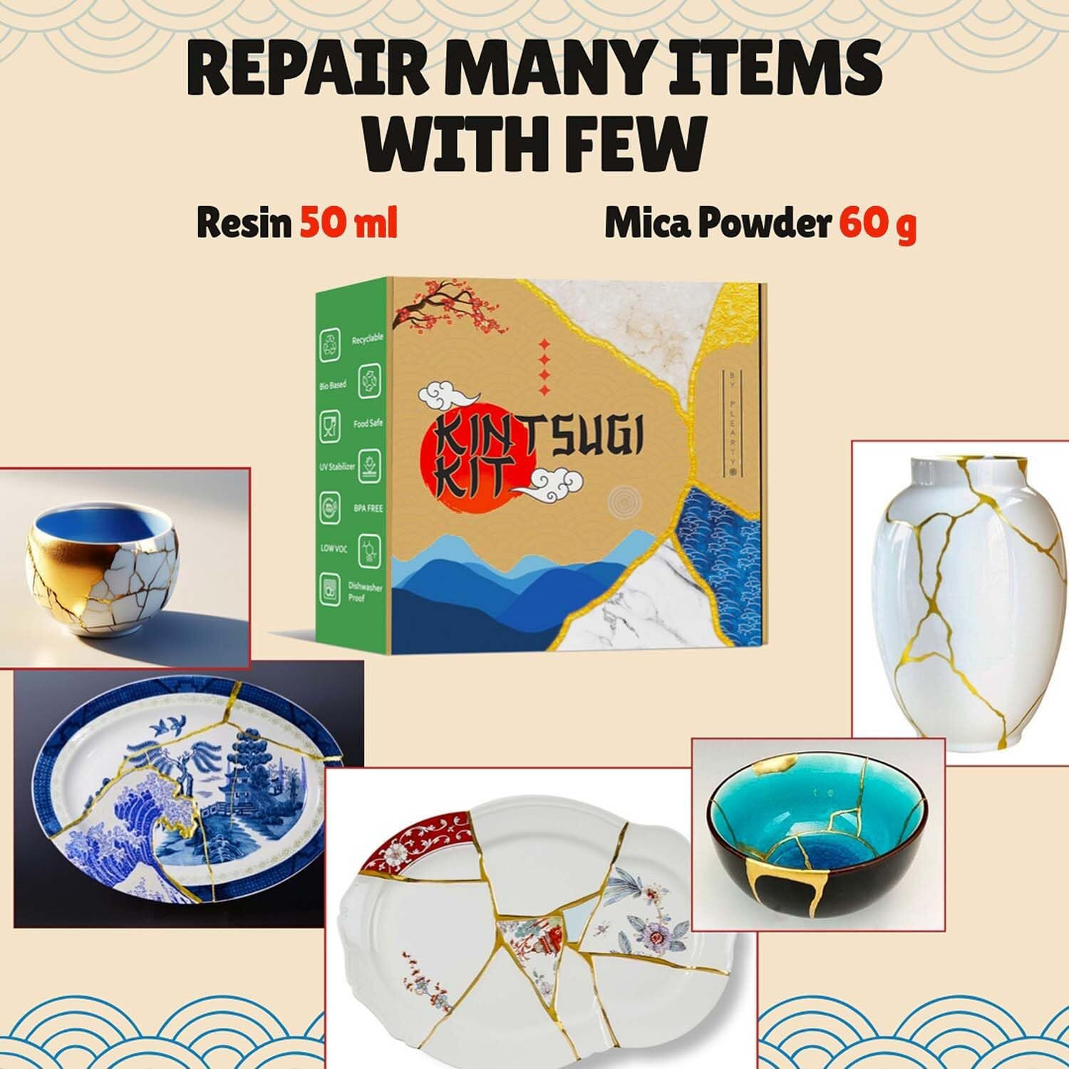 Plearty Kintsugi Repair Kit Gold Food Safe 50Ml Epoxy Resin 60G Metallic Gold Mica Powder 15 Pages Booklet For Japanese Gold Repair Kit Diy Craft Kits For Adults Pottery Repair Kit