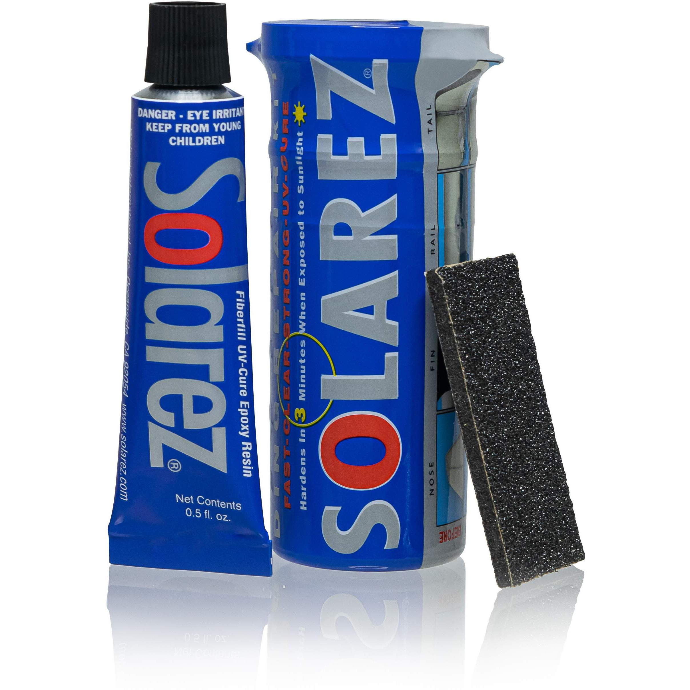 Solarez Uv Cure Epoxy Ding Repair Weenie Travel Kit (0.5 Oz Tube) - Sup/Surfboard Repair - Fast Solar Cure Clear Resin W 60/240 Grit Sand Block W Crushproof Travel Container ~ Eps Safe