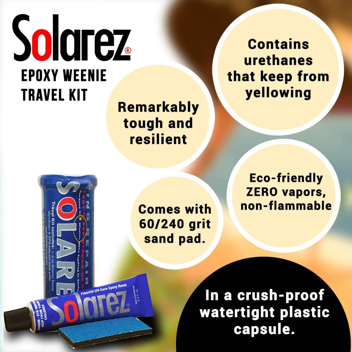 Solarez Uv Cure Epoxy Ding Repair Weenie Travel Kit (0.5 Oz Tube) - Sup/Surfboard Repair - Fast Solar Cure Clear Resin W 60/240 Grit Sand Block W Crushproof Travel Container ~ Eps Safe