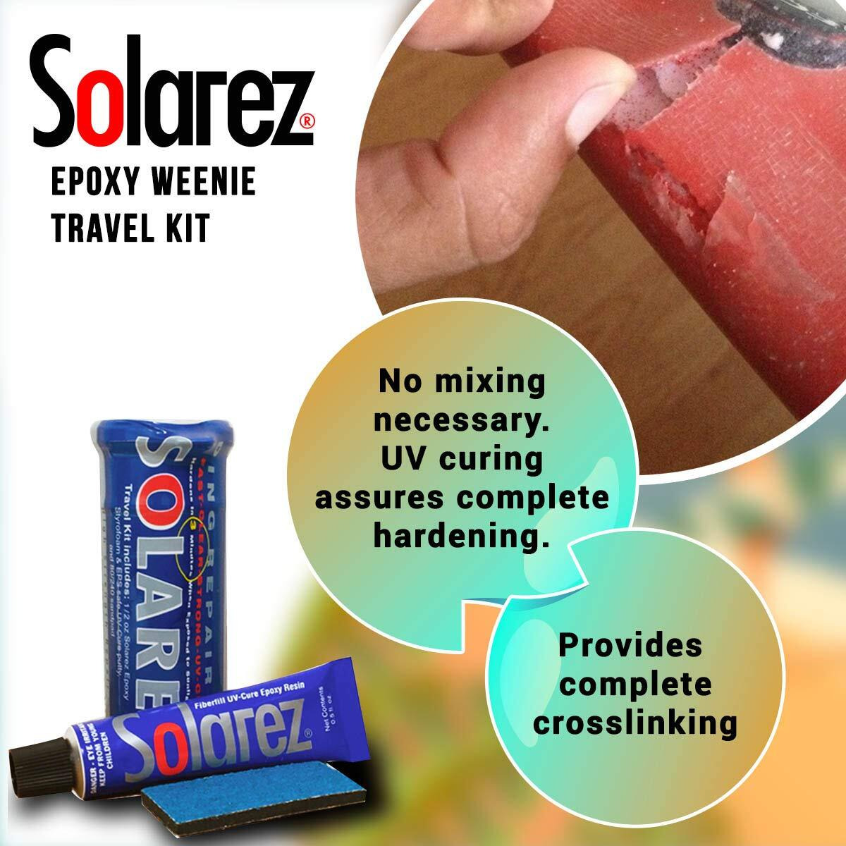 Solarez Uv Cure Epoxy Ding Repair Weenie Travel Kit (0.5 Oz Tube) - Sup/Surfboard Repair - Fast Solar Cure Clear Resin W 60/240 Grit Sand Block W Crushproof Travel Container ~ Eps Safe