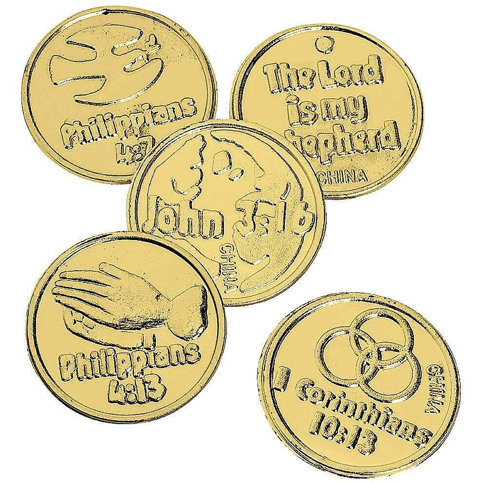 Fun Express Religious Bible Verse Gold Coins - 144 Pieces - Sunday School Supplies And Vbs Prizes - Vbs Vacation Bible School Supplies/Decor