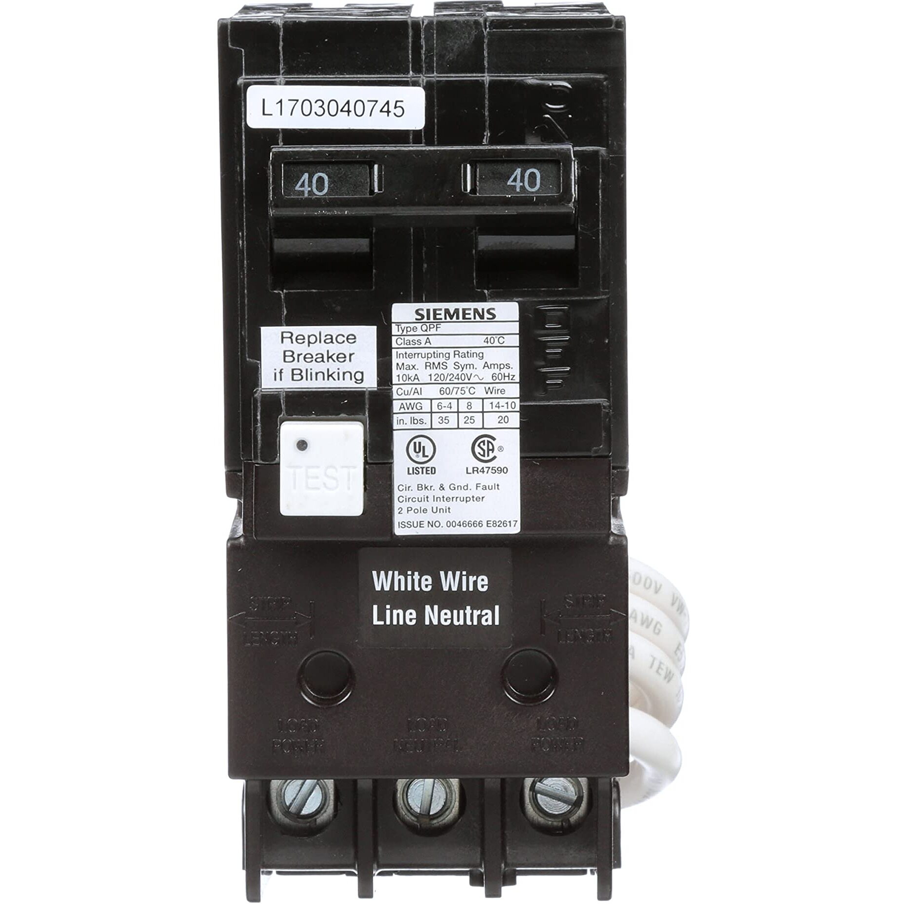 Siemens Qf240A Ground Fault Circuit Interrupter  40 Amp  2 Pole  120/240 Volt  10 000 Aic