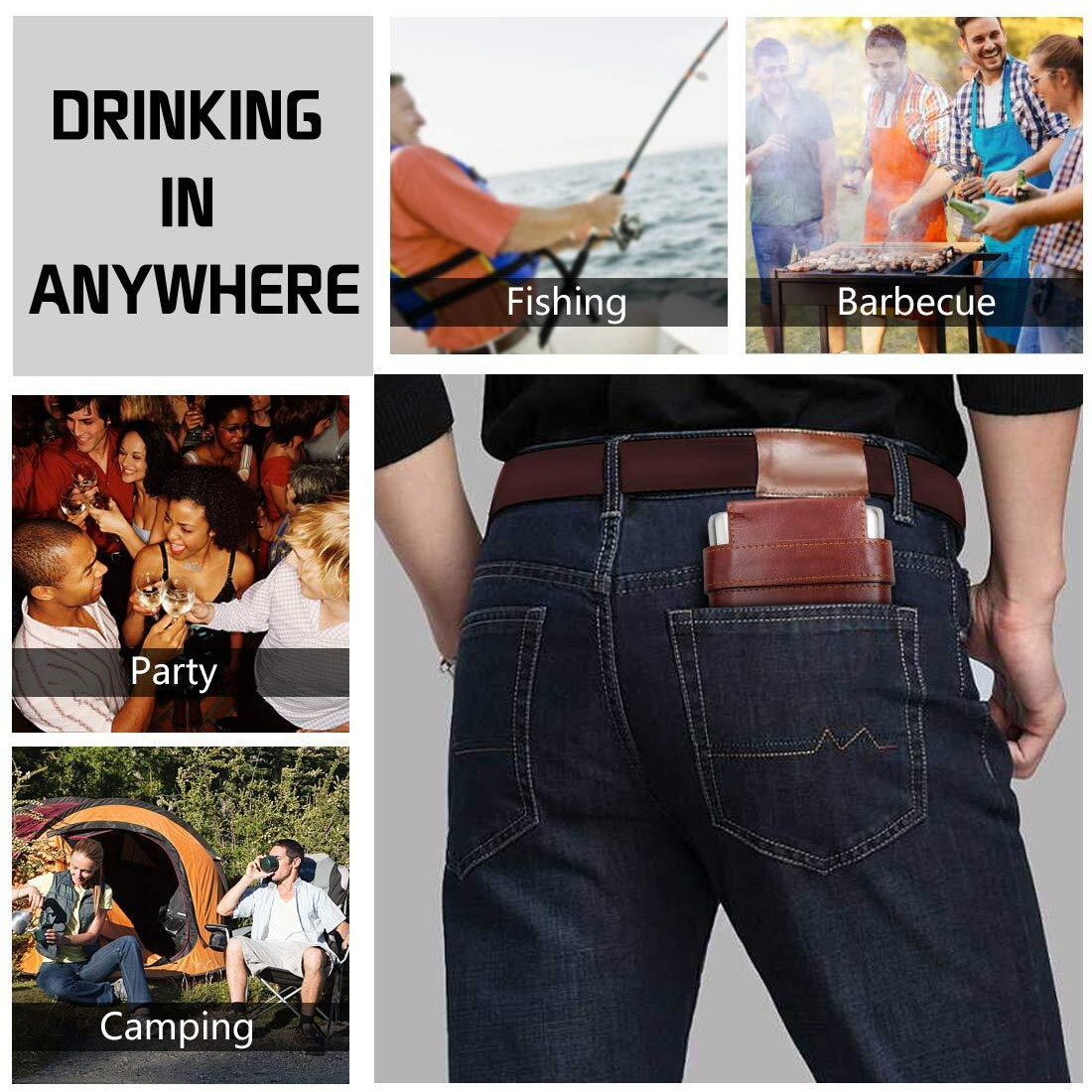 Gennissy 304 18/8 Stainless Steel 8Oz Flask - Brown Leather With 3 Cups And Funnel 100% Leak Proof