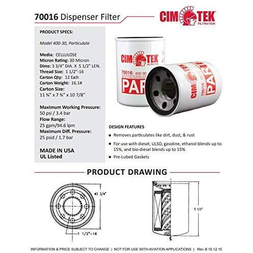 Cim-Tek 70016 Centurion Gilbarco Diesel Filter 400-30  30 Micron