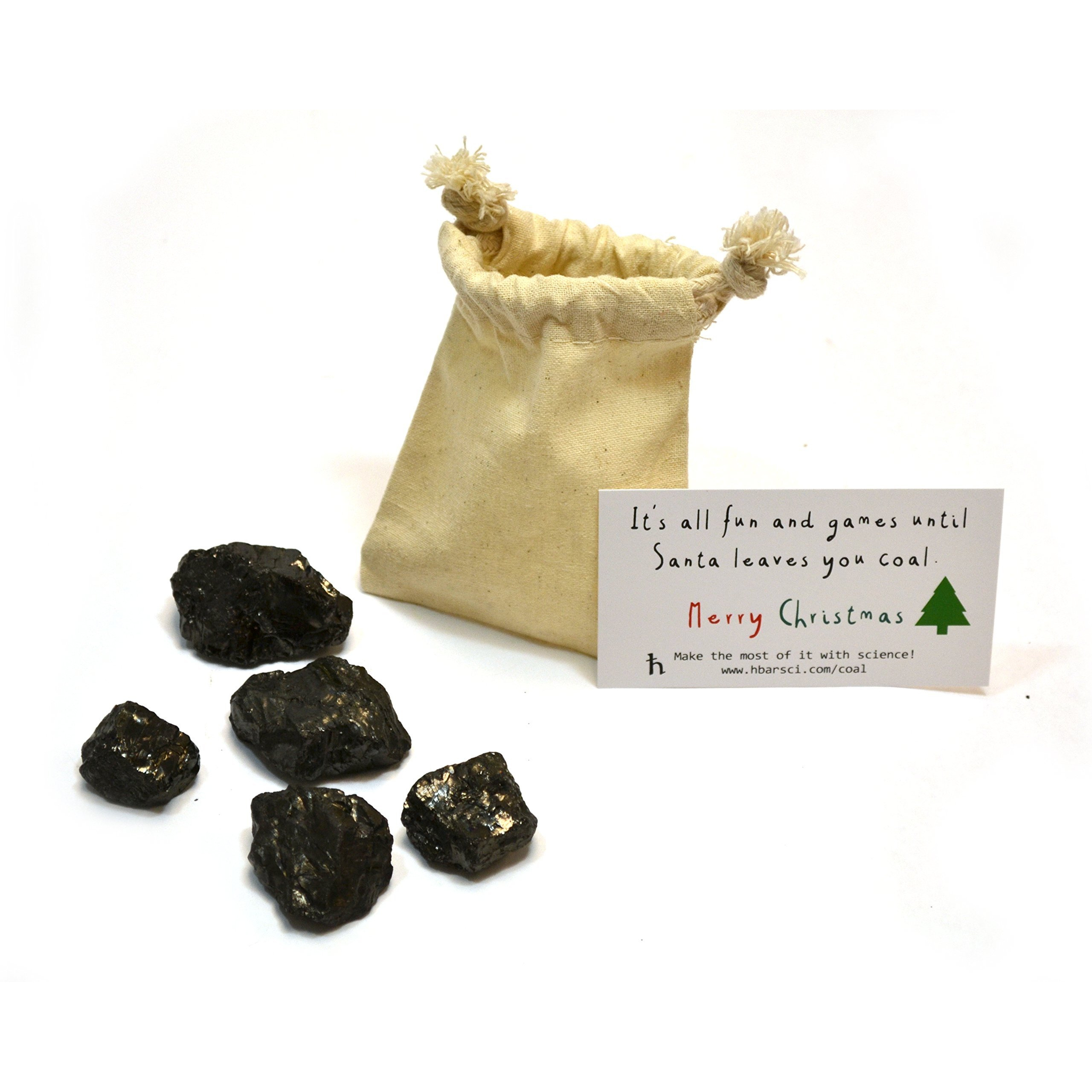 Santa's Scientific Christmas Coal  Premium Cotton Bag And 5 Small Lumps (1 X 1 X 1 Approx. - Medium Marble Sized) - Genuine American Coal - Includes Experiment