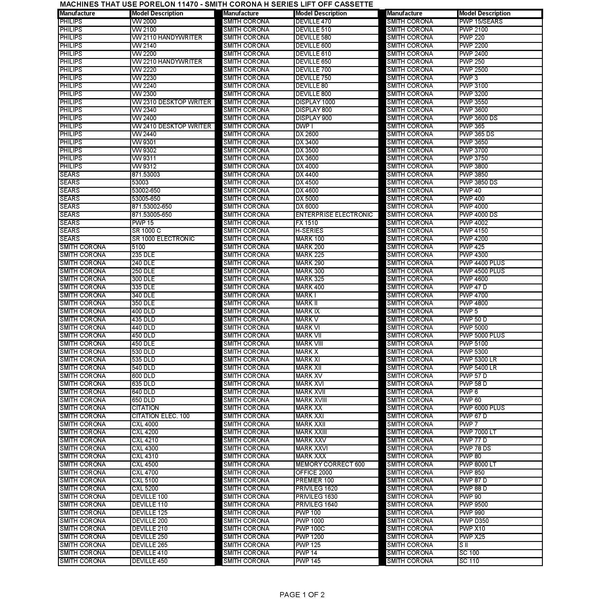 Porelon 11470 H Series Smith Corona Lift Off Typewriter Cassette  1-Pack