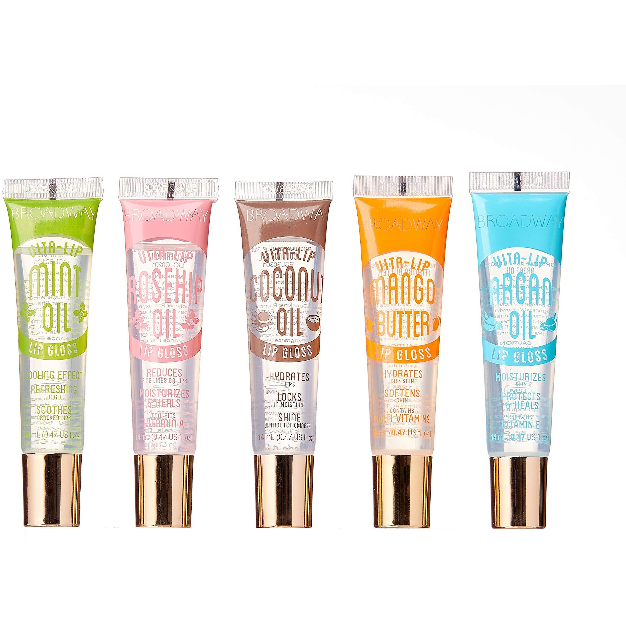 Ruby Kisses Broadway Vita-Lip Clear Lip Gloss (5 Pack Mint  Rosehip  Coconut  Argan Oil  Mango Butter)  Ultra-Hydrating & Soothing Formula With Vitamin Oils  High-Shine Non-Sticky Finish Lip Balm