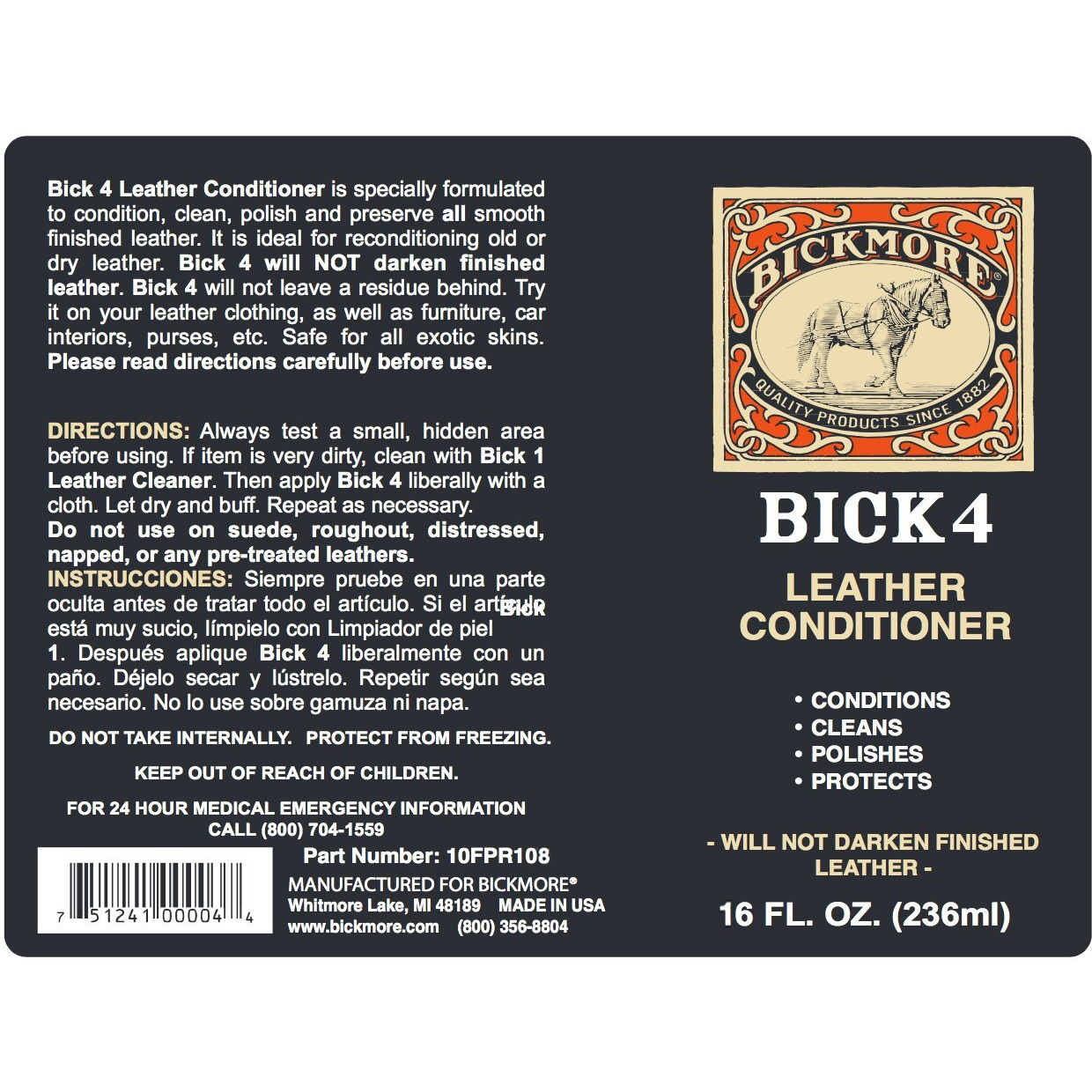 Bickmore Bick 4 Leather Conditioner 16 Fl Oz - Best Since 1882 - Cleaner & Conditioner - Restore Polish & Protect All Smooth Finished Leathers