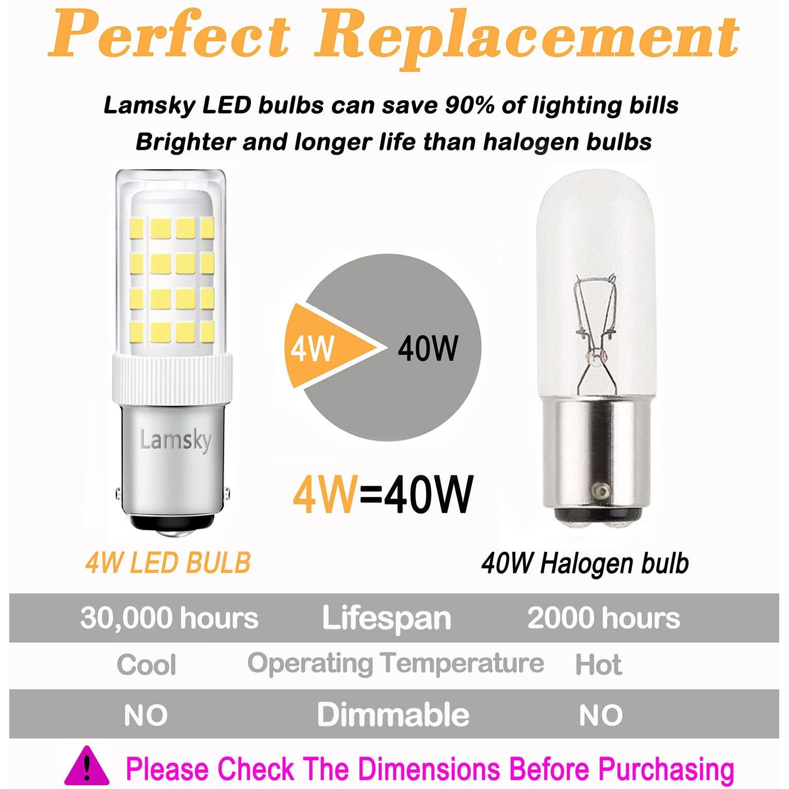 Lamsky Ba15D Led Double Contact Bayonet Base Sewing Machine Bulb Ac110-130V T3/T4/C7/S6 4W Daylight 6000K Led 40W Halogen Replacement Bulb No-Dimmable 2-Pack