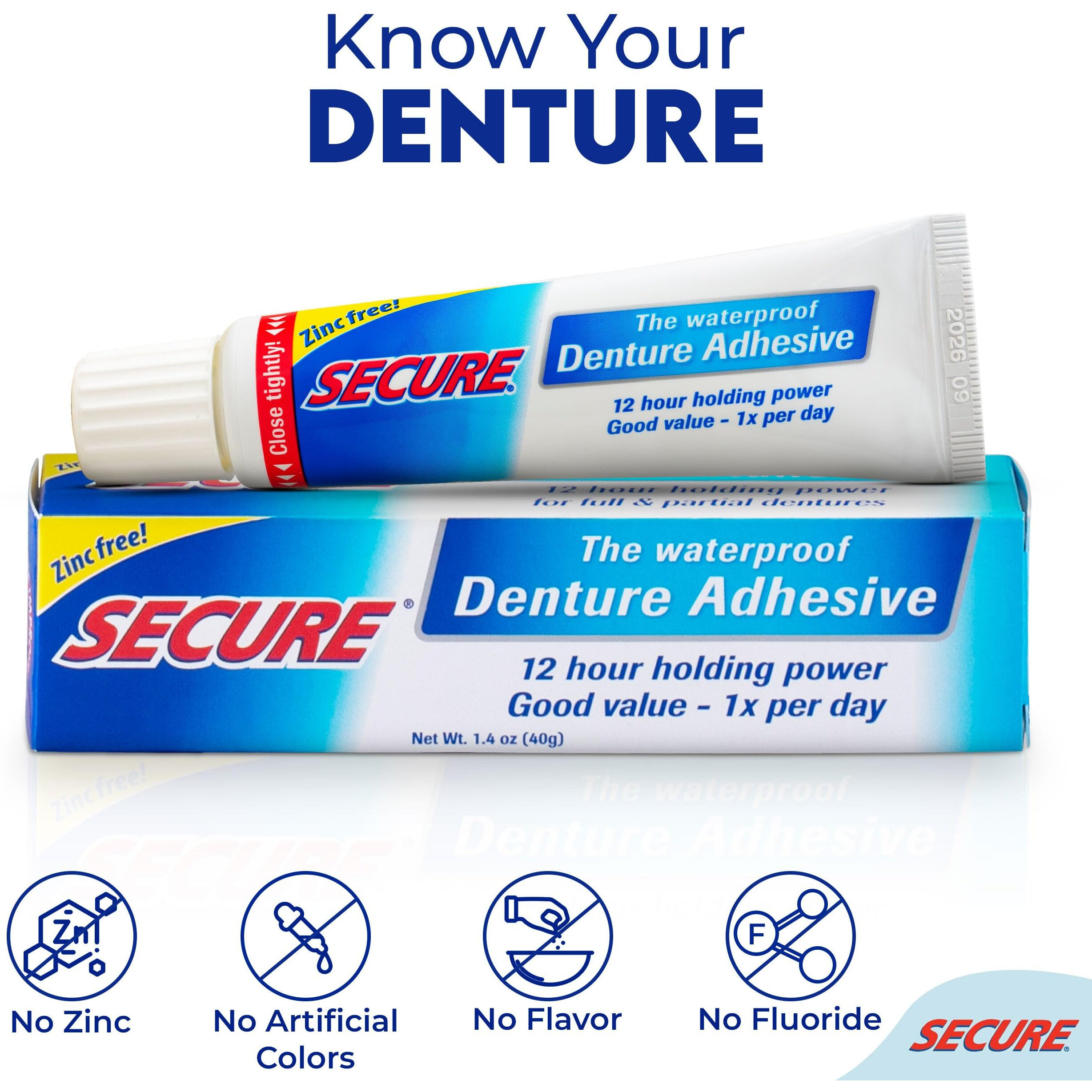 Secure Waterproof Denture Adhesive - Zinc Free - Extra Strong 12 Hour Hold - 1.4 Oz (Pack Of 2)