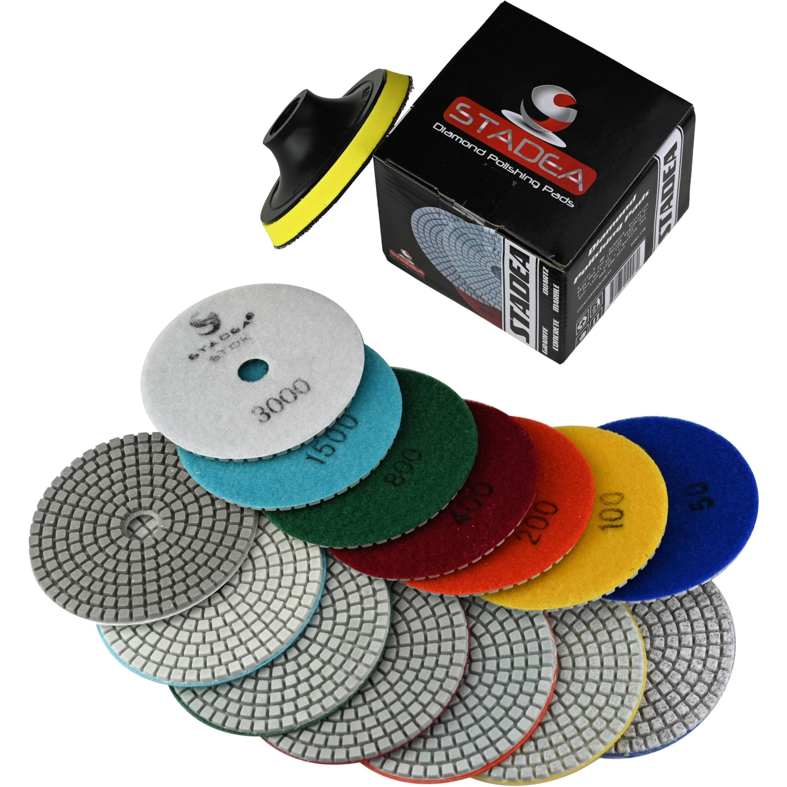 Stadea Diamond Polishing Pads For Angle Grinder  4 Inch Wet/Dry 8 Piece Set Granite Stone Concrete Marble
