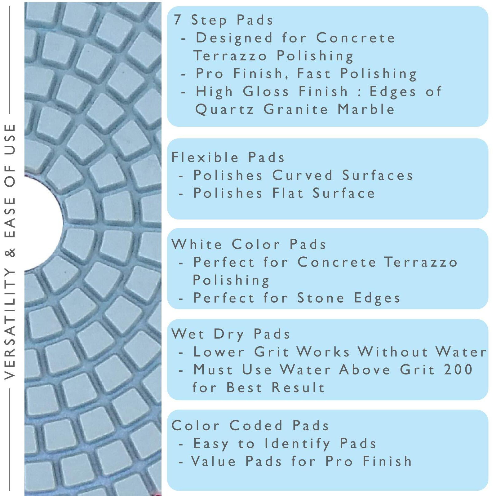 Stadea Diamond Polishing Pads For Angle Grinder  4 Inch Wet/Dry 8 Piece Set Granite Stone Concrete Marble