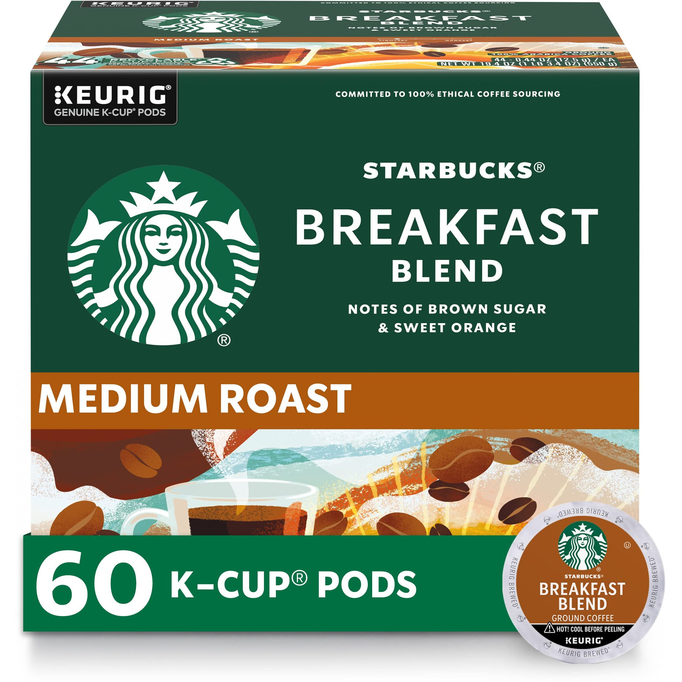Starbucks K-Cup Coffee Pods  Medium Roast Coffee  Breakfast Blend For Keurig Brewers  100% Arabica  6 Boxes (60 Pods Total)