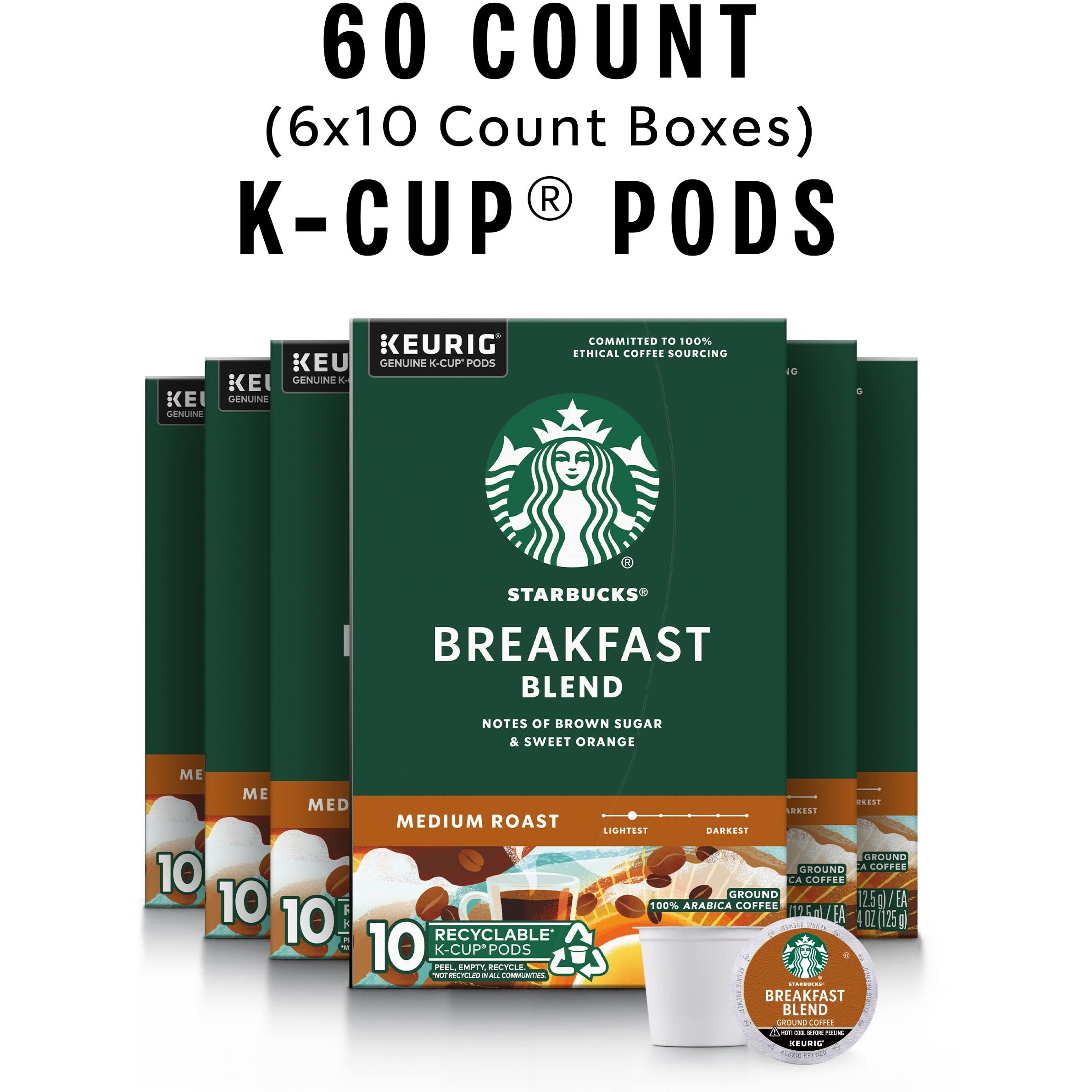 Starbucks K-Cup Coffee Pods  Medium Roast Coffee  Breakfast Blend For Keurig Brewers  100% Arabica  6 Boxes (60 Pods Total)