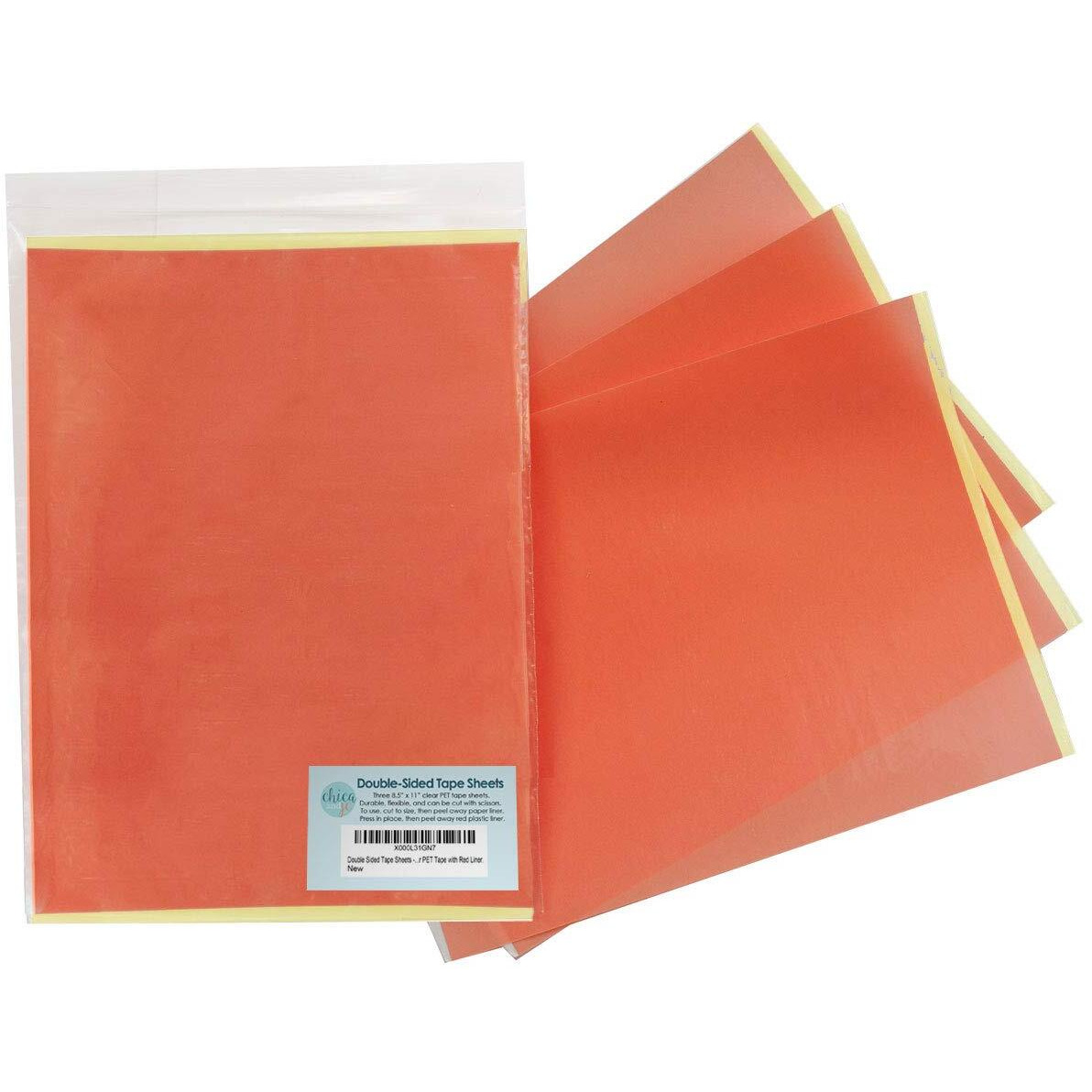 Chica And Jo Double Sided Tape Sheets 3-Pack Of 8.5"" X11 Clear Adhesive Sheets. Super Strong Sticky Pet Tape With Red Liner.
