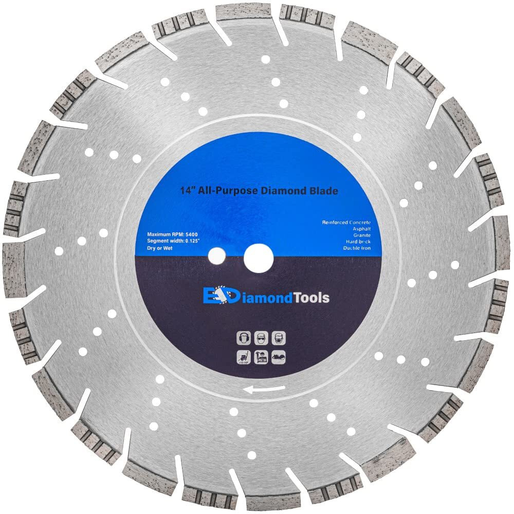 14"" All Purpose Diamond Saw Blades For Hard/Reinforced Concrete  Asphalt  Granite  Terrazzo  Ductile Iron Piping  4-5/8"" Cutting Depth  20Mm Arbor