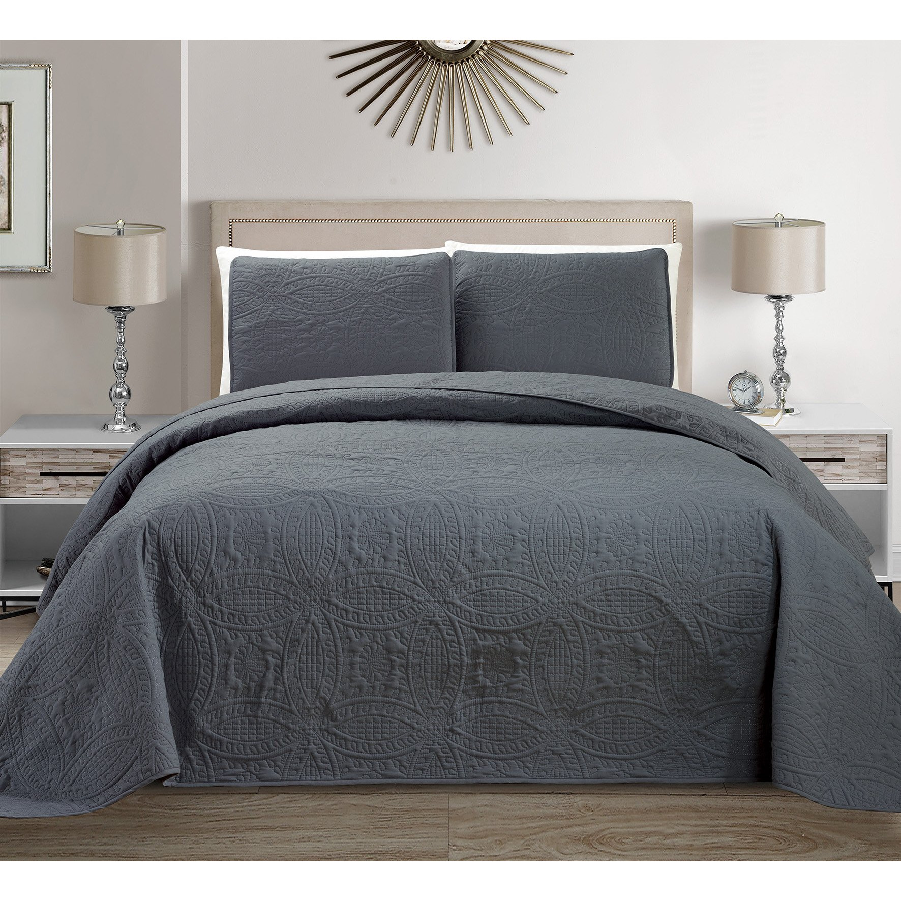Mk Collection 3Pc Full/Queen Solid Embossed Bedspread Bed Cover Over Size Dark Grey New