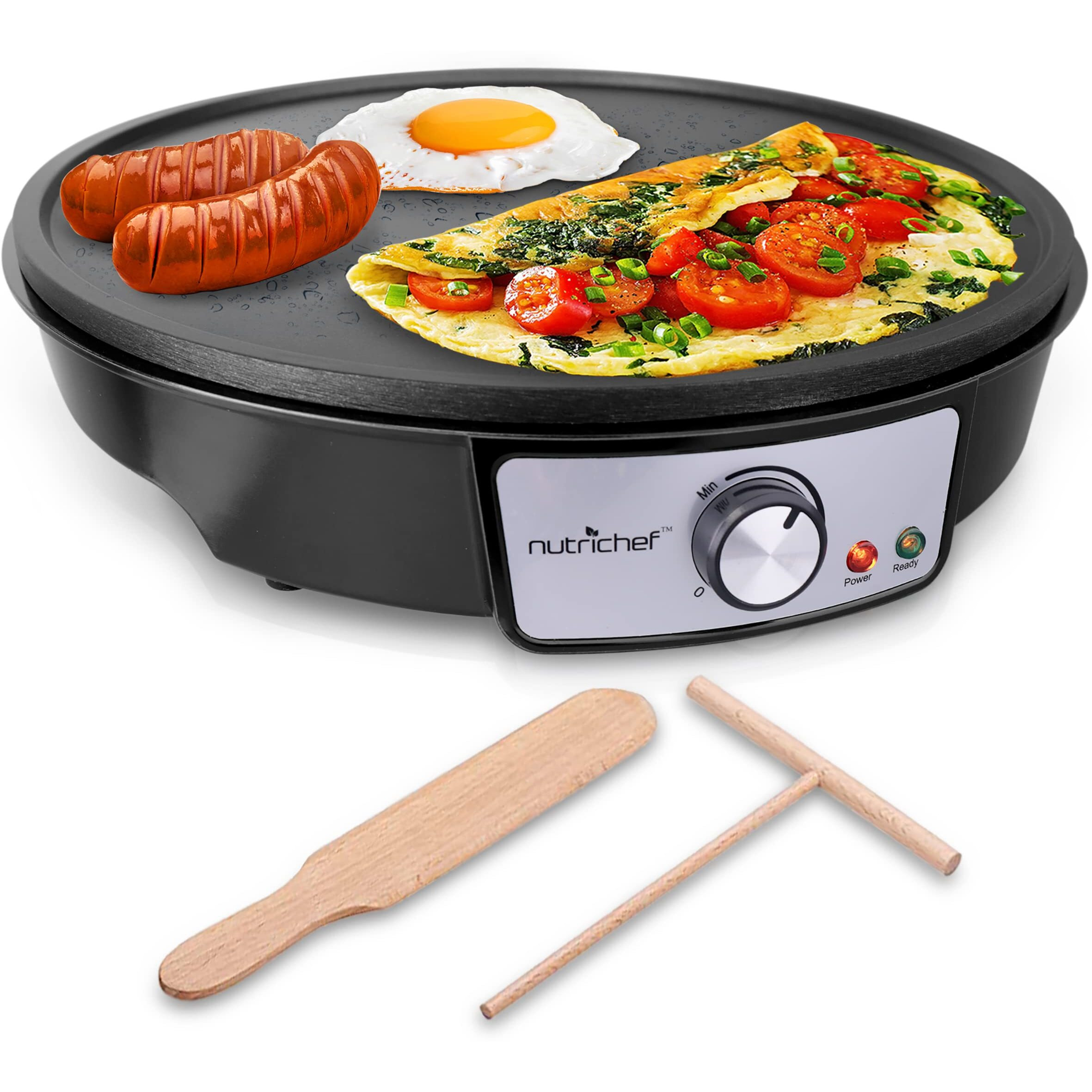 Nutrichef Electric Griddle & Crepe Maker | Nonstick 12 Inch Hot Plate Cooktop | Adjustable Temperature Control | Batter Spreader & Wooden Spatula | Used Also For Pancakes  Blintzes & Eggs