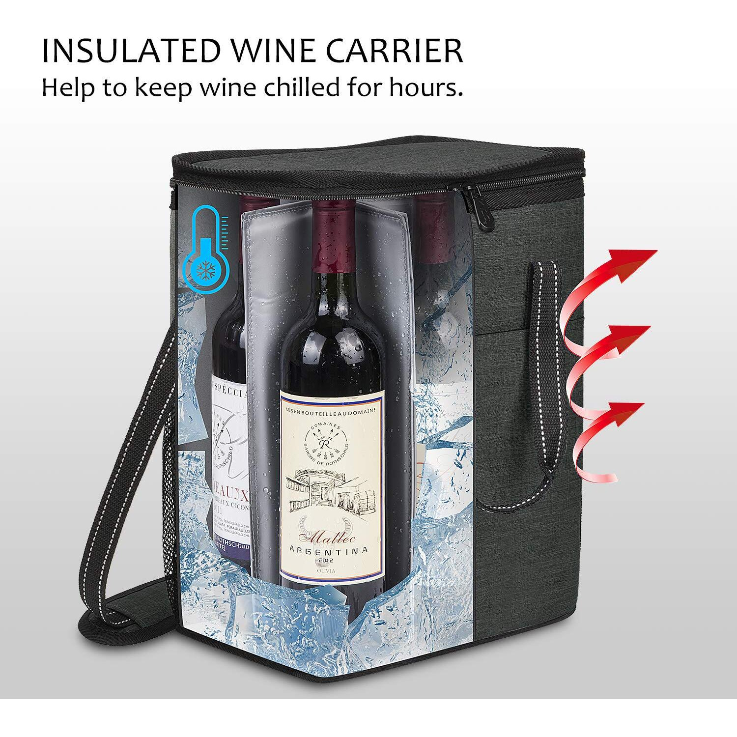 6 Bottle Wine Gift Carrier - Insulated & Padded Wine Carrying Cooler Tote Bag With Handle And Adjustable Shoulder Strap For Travel Or Picnic  Ideal Wine Lover Gift  Black