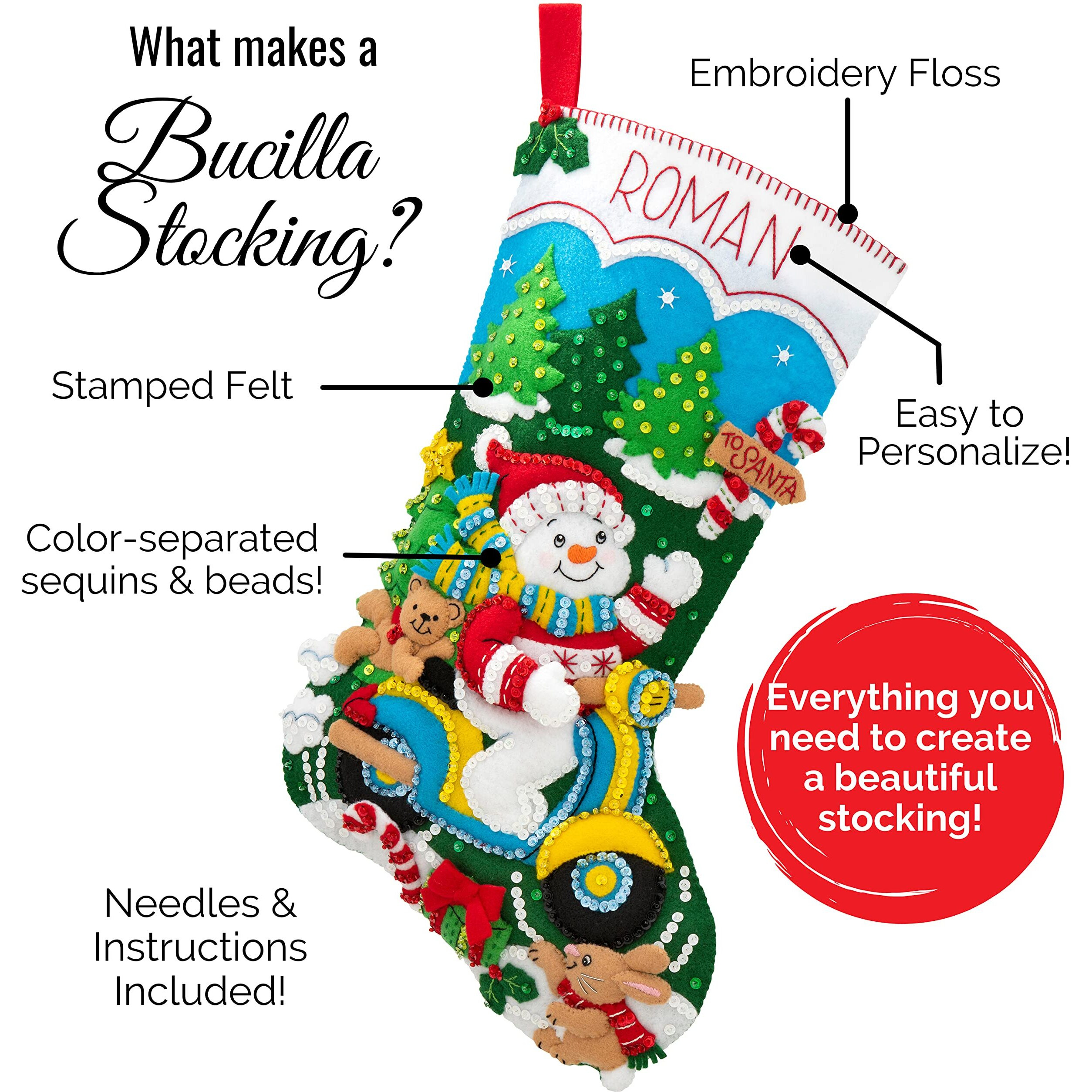 Bucilla 18-Inch Christmas Stocking Felt Applique Kit  Santa Poinsettia Tree