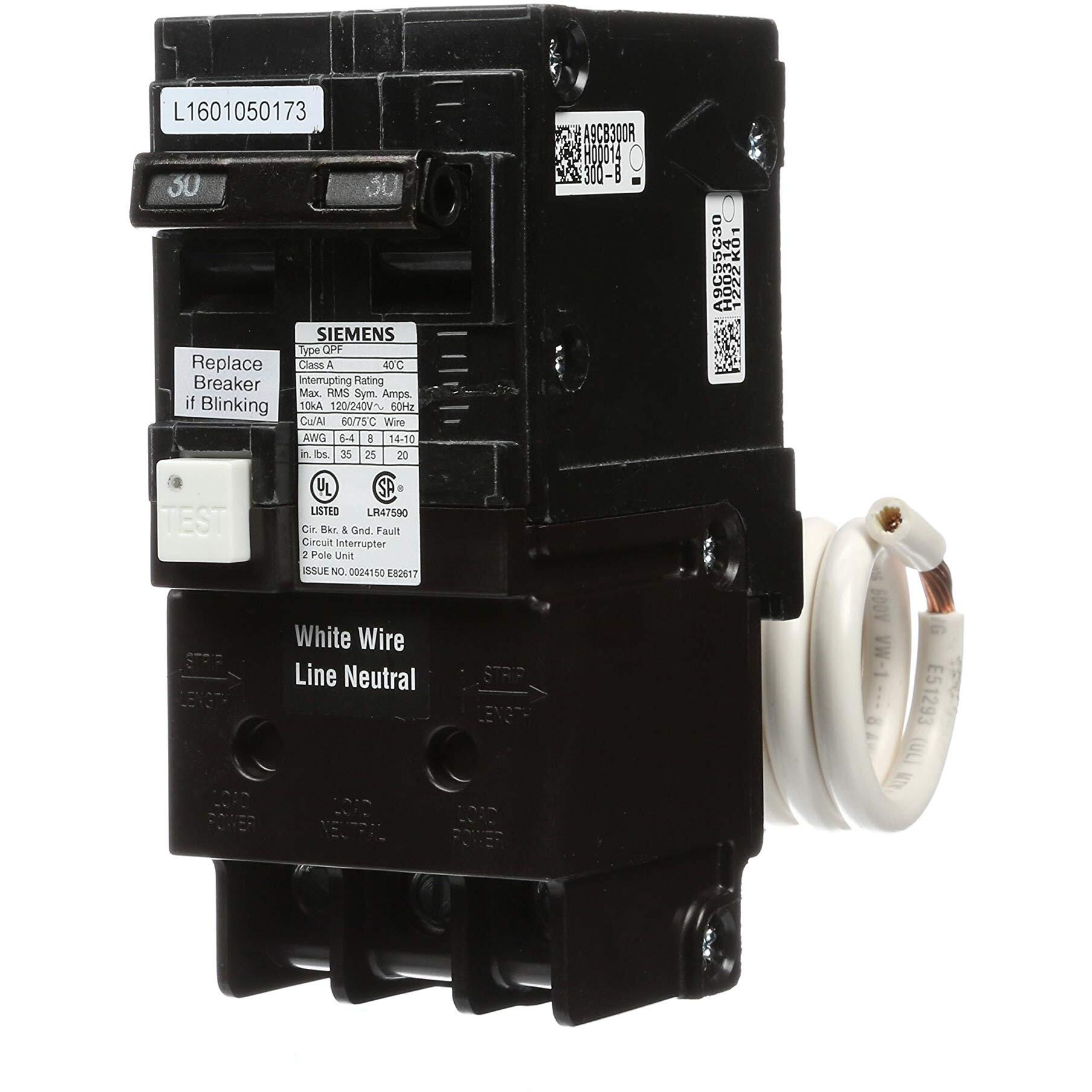 Siemens Qf230A 30 Amp  2 Pole  120/240V Ground Fault Circuit Interrupter With Self Test And Lockout Feature  Cardboard Packaging