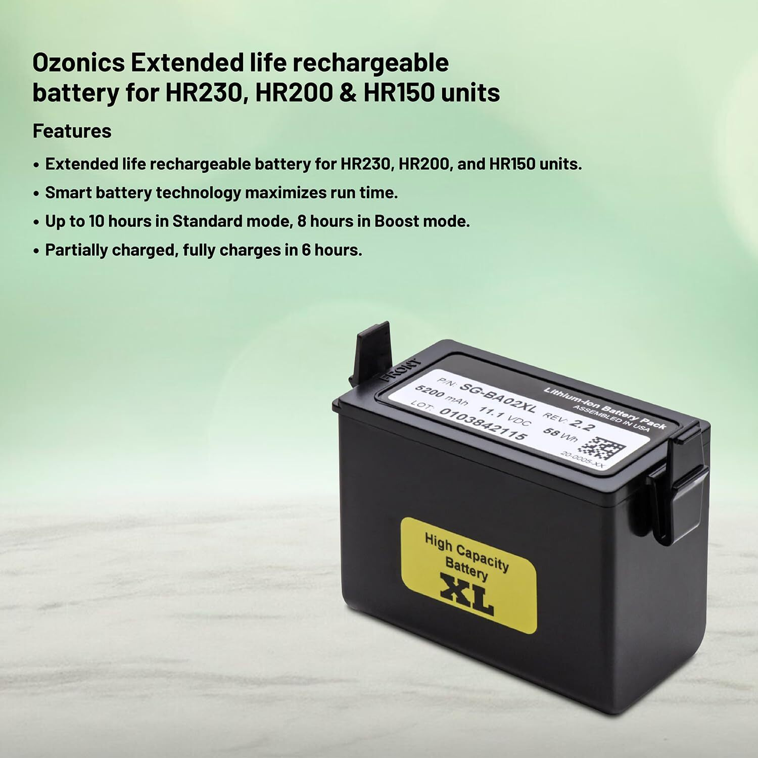 Ozonics Sg-Ba02Xl Extended Life Battery - Smart Technology For Hr230  Hr200 Or Hr150 Units - Enjoy Extended Scent Elimination For 10 Hours In Standard & 8 Hours In Boost Mode