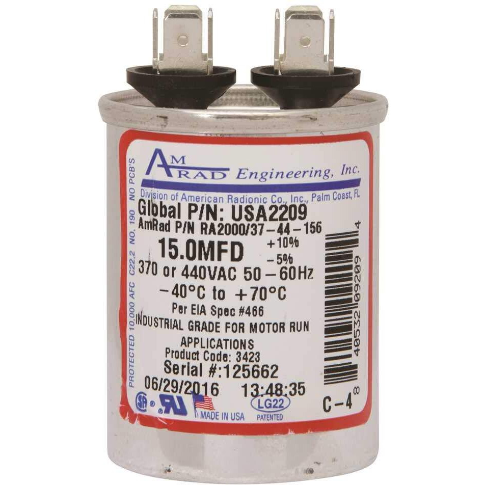 Amrad Engineering Usa2209 Series Round Usa-Made Motor Run Capacitor  15 Mfd  370/440 Vac-132325