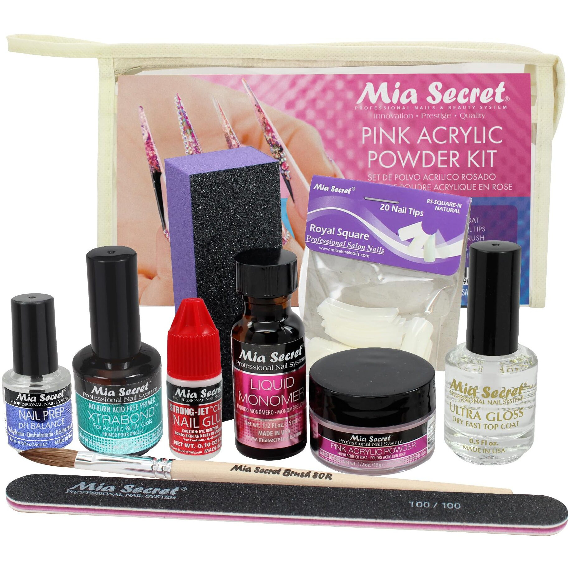 Mia Secret Pink Acrylic Powder Professional Full Nail Kit - 05  Contents Liquid Monomer  Pink Powder  Primer  Nail Glue  Top Coat  20 Nail Tips  Nail Brush  Emery Block  Nail File