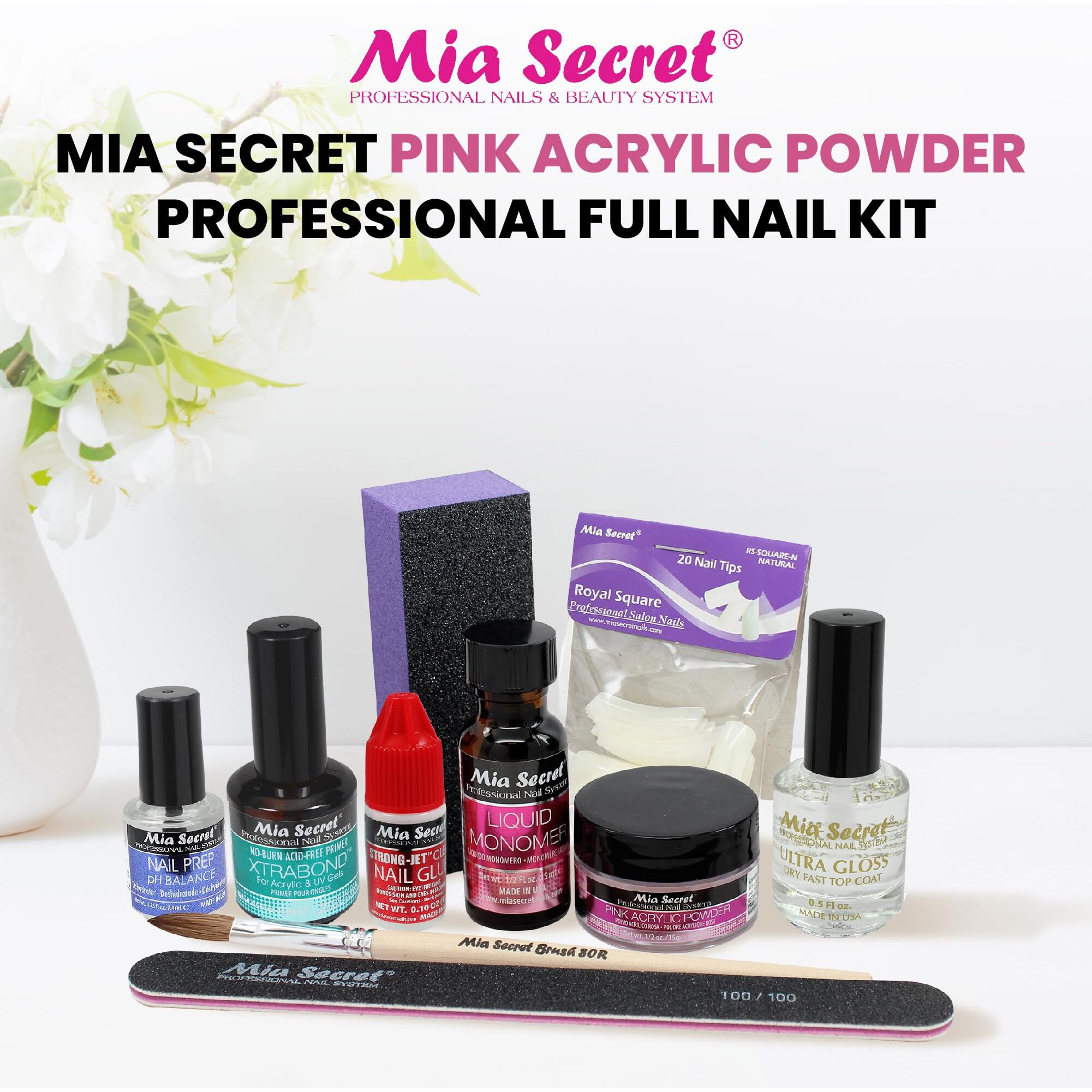 Mia Secret Pink Acrylic Powder Professional Full Nail Kit - 05  Contents Liquid Monomer  Pink Powder  Primer  Nail Glue  Top Coat  20 Nail Tips  Nail Brush  Emery Block  Nail File