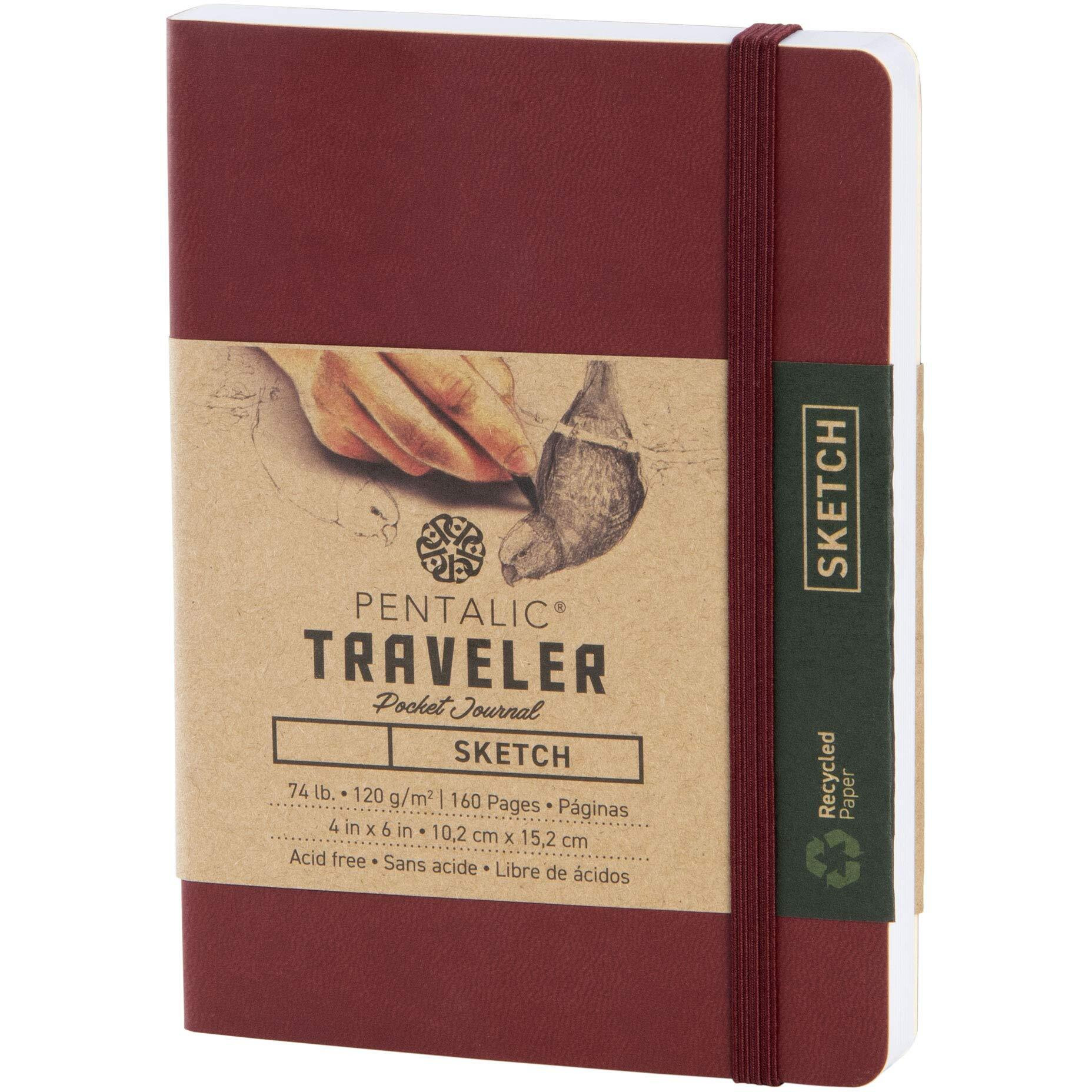 Pentalic 4"" X 6"" Pocket Sketchbook Traveler Journal  160 Pages  Burgundy