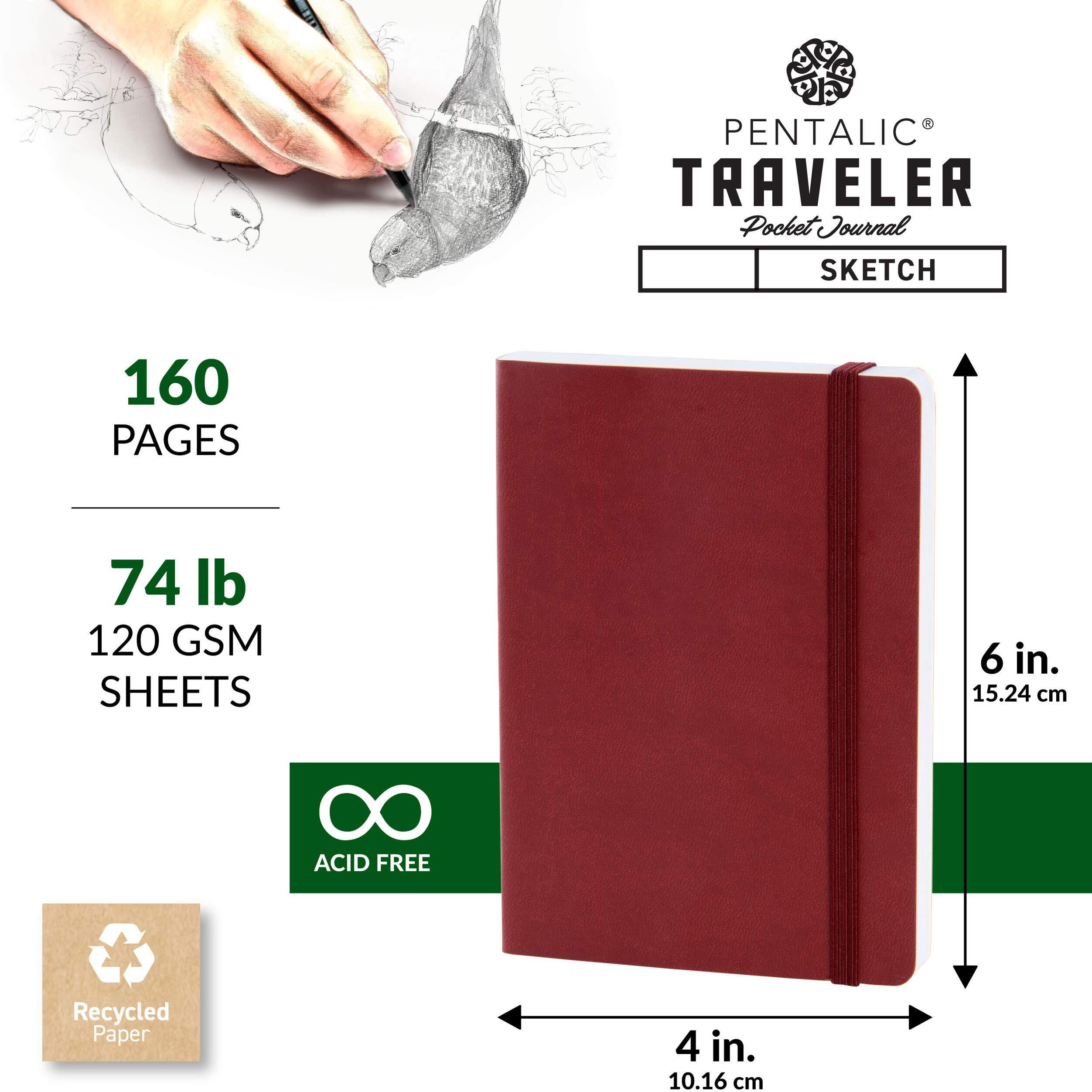 Pentalic 4"" X 6"" Pocket Sketchbook Traveler Journal  160 Pages  Burgundy
