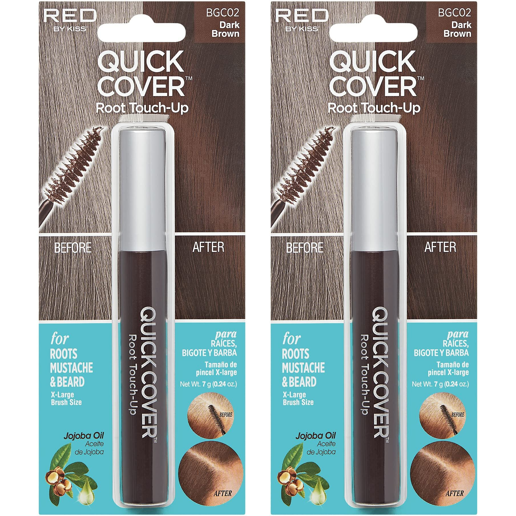 Red By Kiss Quick Cover Root Touch Up Rescue (Dark Brown 2 Pack)  Mascara Natural Water-Resistant Temporary Gray Concealer Cover Up Brush For Hair Mustache & Beard  Formulated With Jojoba Oil