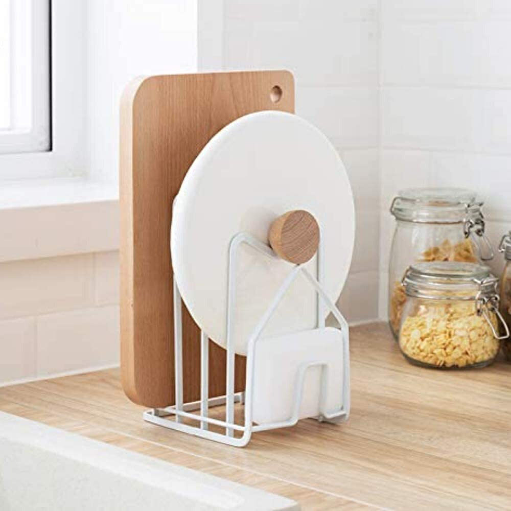 Sunfcon Cutting Board Rack Chopping Board Organizer Pot Pan Lids Holder Thin Bakeware Baking Tray Drying Display Stand Kitchen Countertop Cupboards Cabinet Office Sturdy Metal 4.92X5.7X8.47 In.White