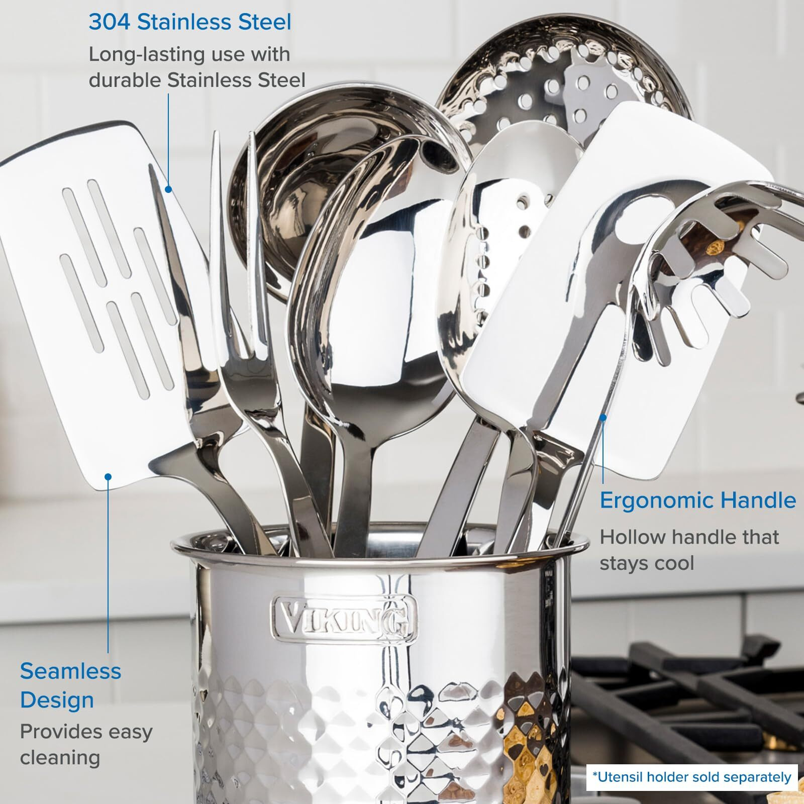 Viking Culinary 304 Stainless Steel Kitchen Utensil Set  Ergonomic Stay-Cool Handles  Dishwasher Safe  Silver  8 Piece