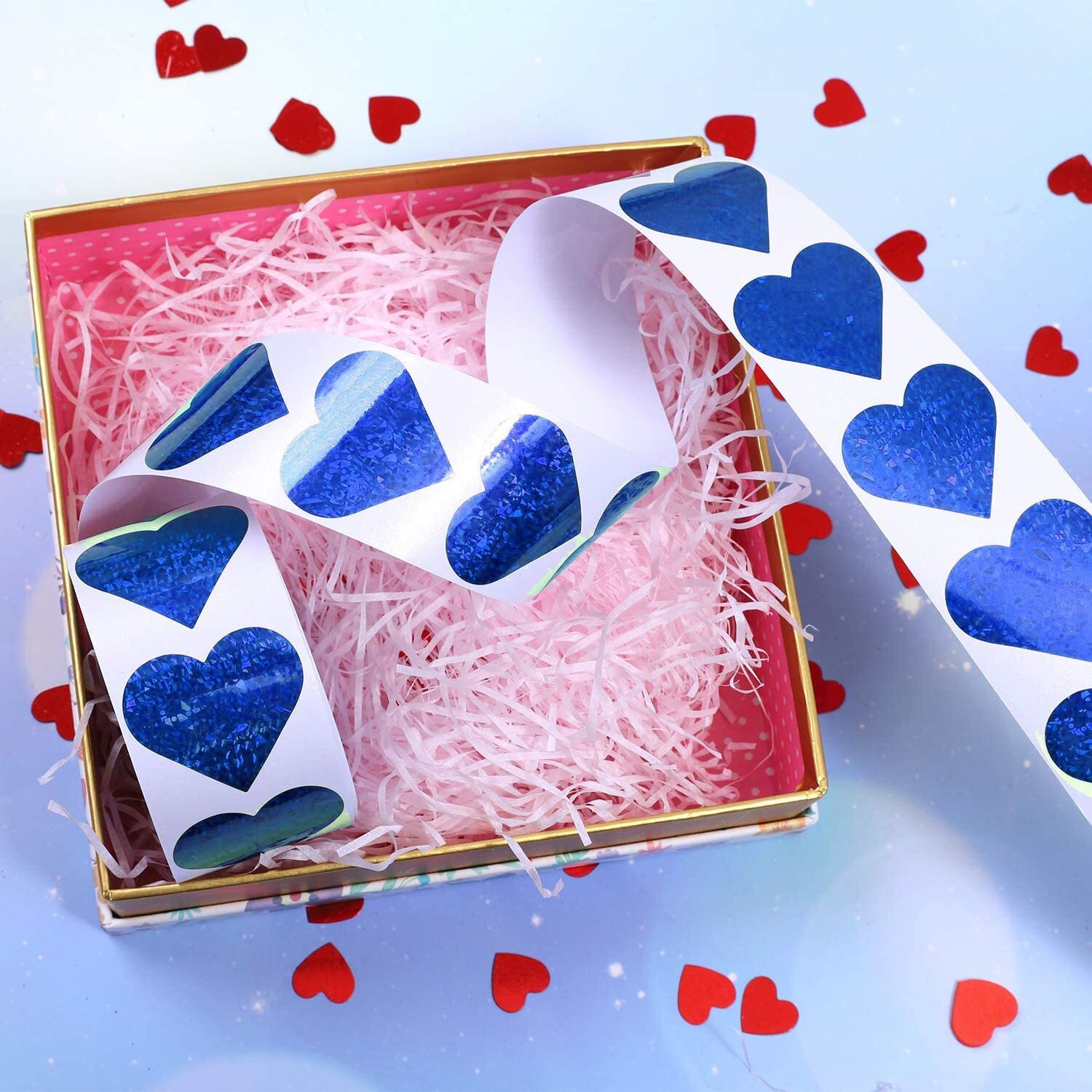 1.5"" Glitter Blue Heart Stickers  Large Heart Labels Valentines Decor 500 Per Roll  Valentine's Day Love Decorations For Wedding Anniversaries  Envelopes