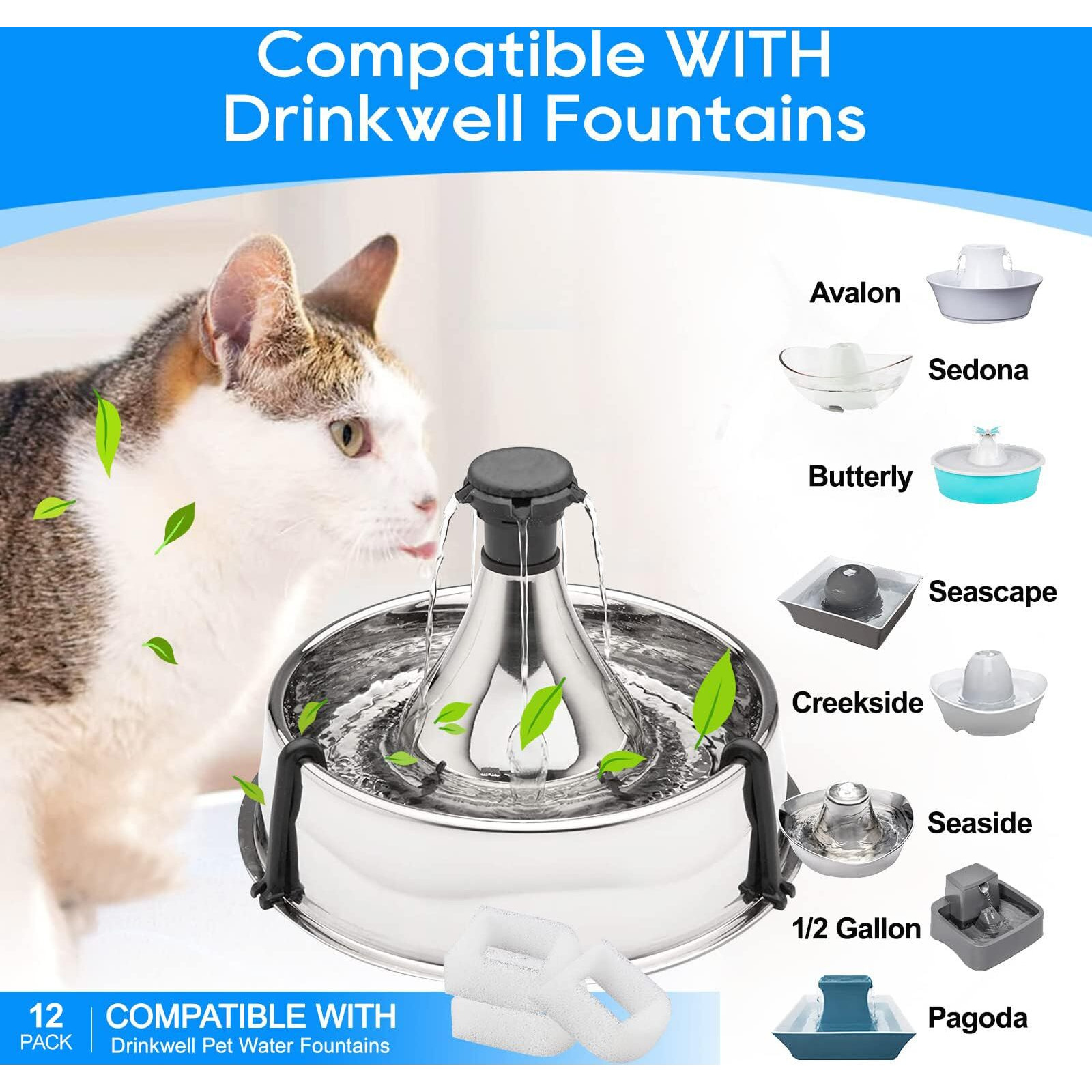 Myfatboss Cat Water Fountain Filter Replacement  Pet Fountain Replacement Foam Filters Compatible With Petsafe Drinkwell Pet Fountain Filters For Drinkwell Stainless Steel 360 Pet Water Fountain 12Pcs