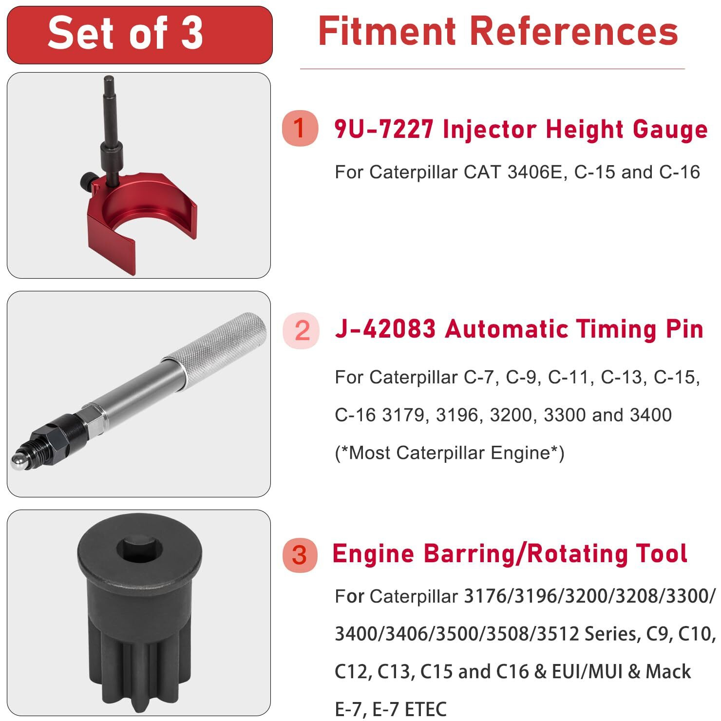 For Caterpillar J-42083 Automatic Timing Pin  9U-7227 Injector Height Adjustment Gauge Tool & Engine Barring Socket Fits Cat 3406E  C-15 And C-16(Set Of 3)
