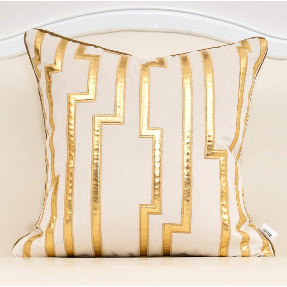 Alerfa White Geometric Gold Leather Striped Throw Pillow Covers 18X18 Inch  Luxury European Cushion Cases Decorative Pillows For Couch Living Room Bedroom 45 X 45Cm