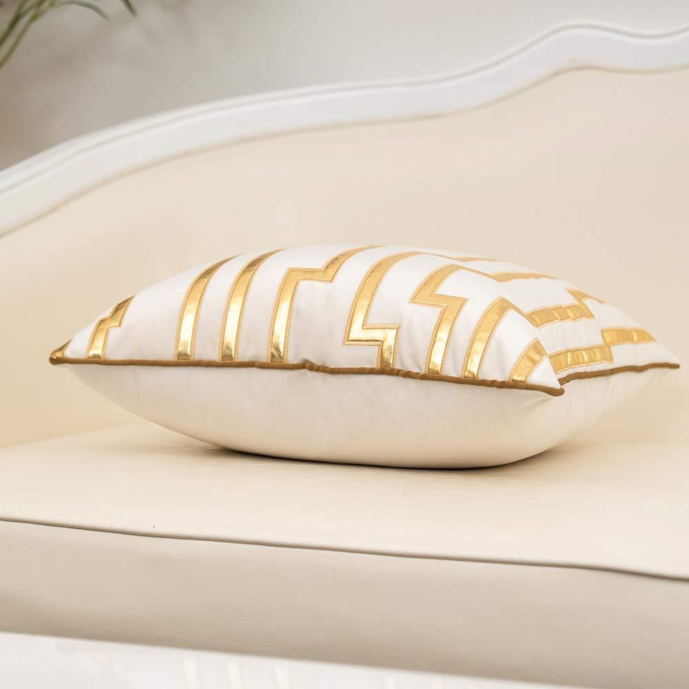 Alerfa White Geometric Gold Leather Striped Throw Pillow Covers 18X18 Inch  Luxury European Cushion Cases Decorative Pillows For Couch Living Room Bedroom 45 X 45Cm