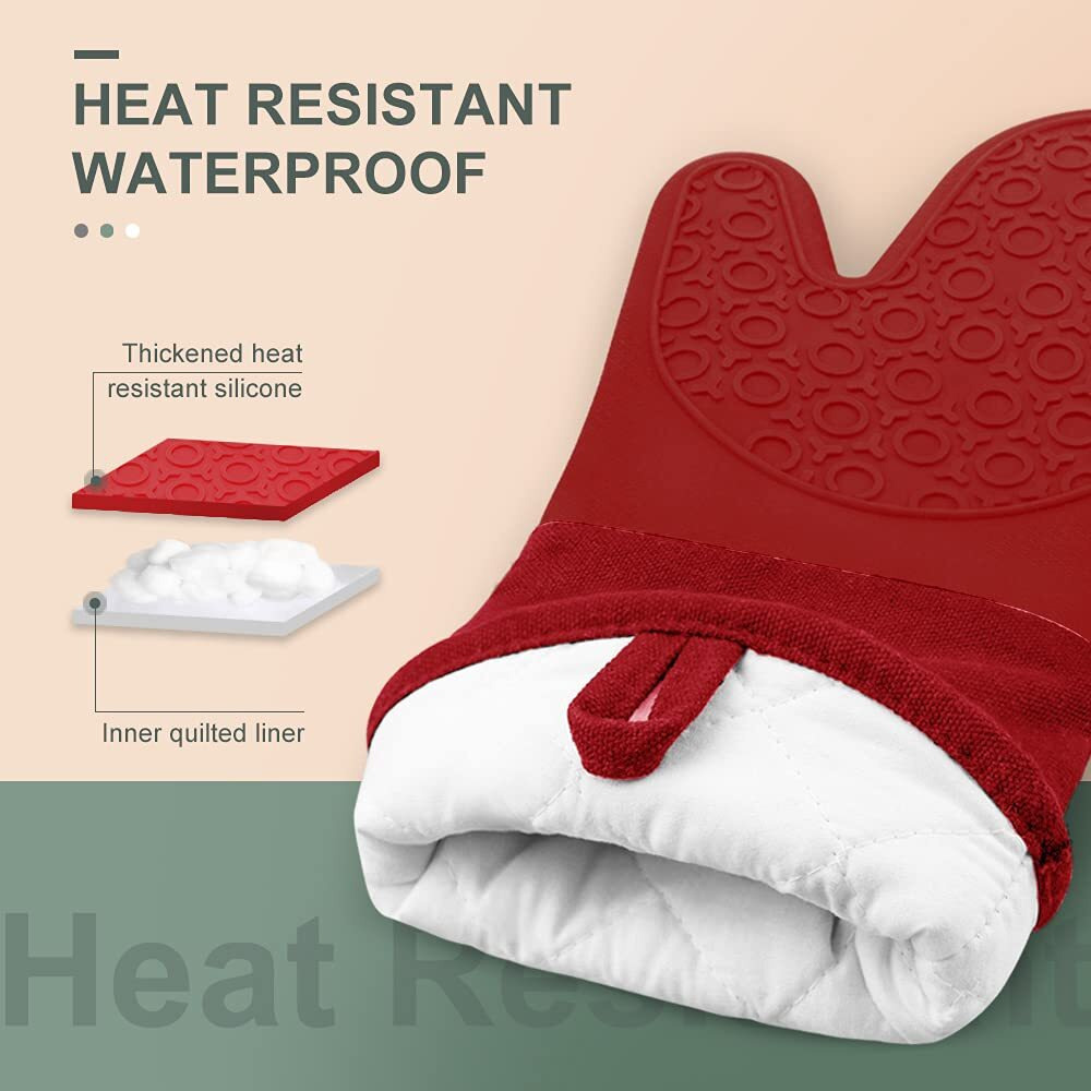 Sungwoo Extra Long Silicone Oven Mitts  Heat Resistant Oven Gloves With Quilted Liner Non-Slip Textured Grip Perfect For Bbq  Baking  Cooking And Grilling - 1 Pair 14.6 Inch Empire Red